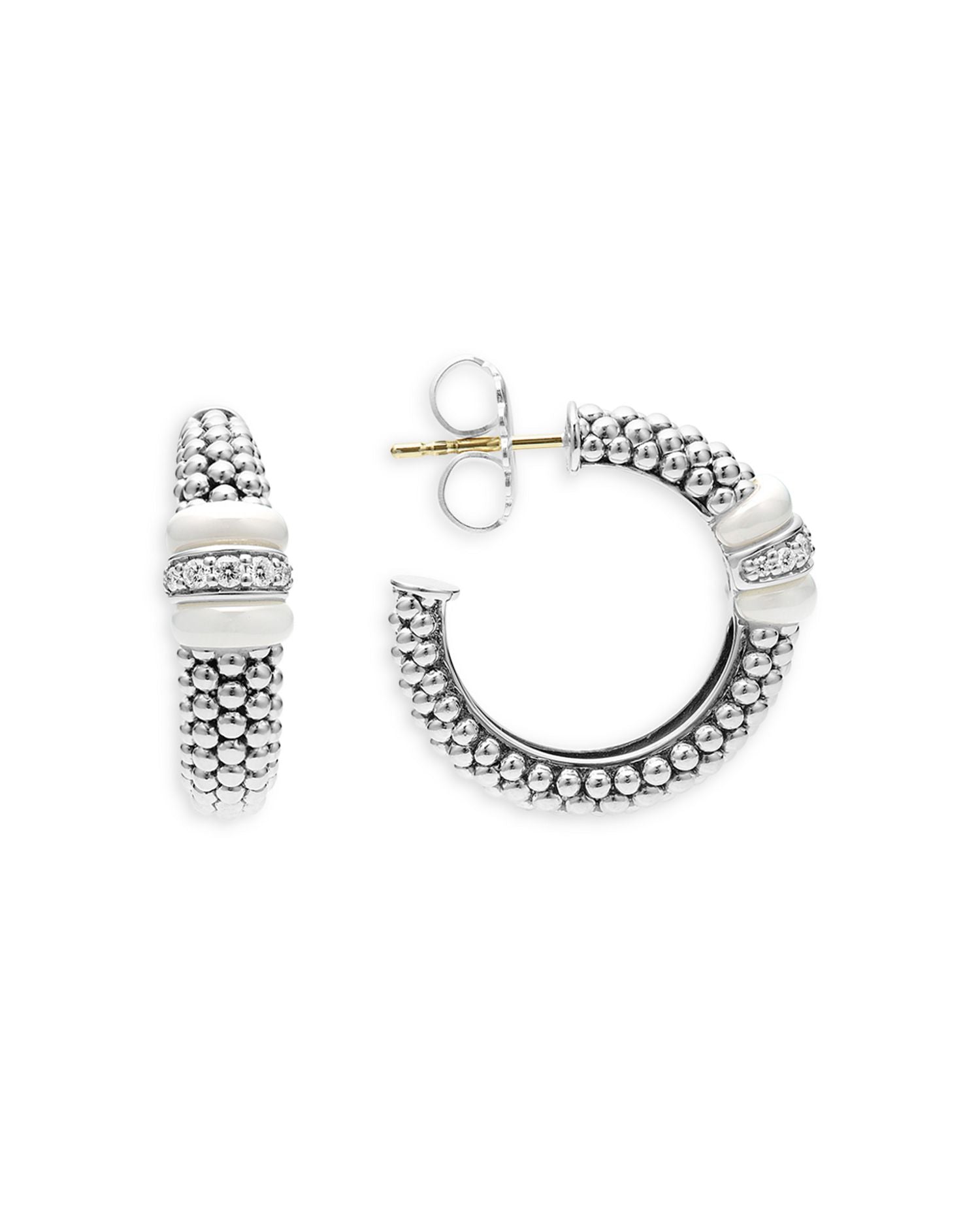 Ceramic & Sterling Silver White Caviar Diamond Hoop Earrings