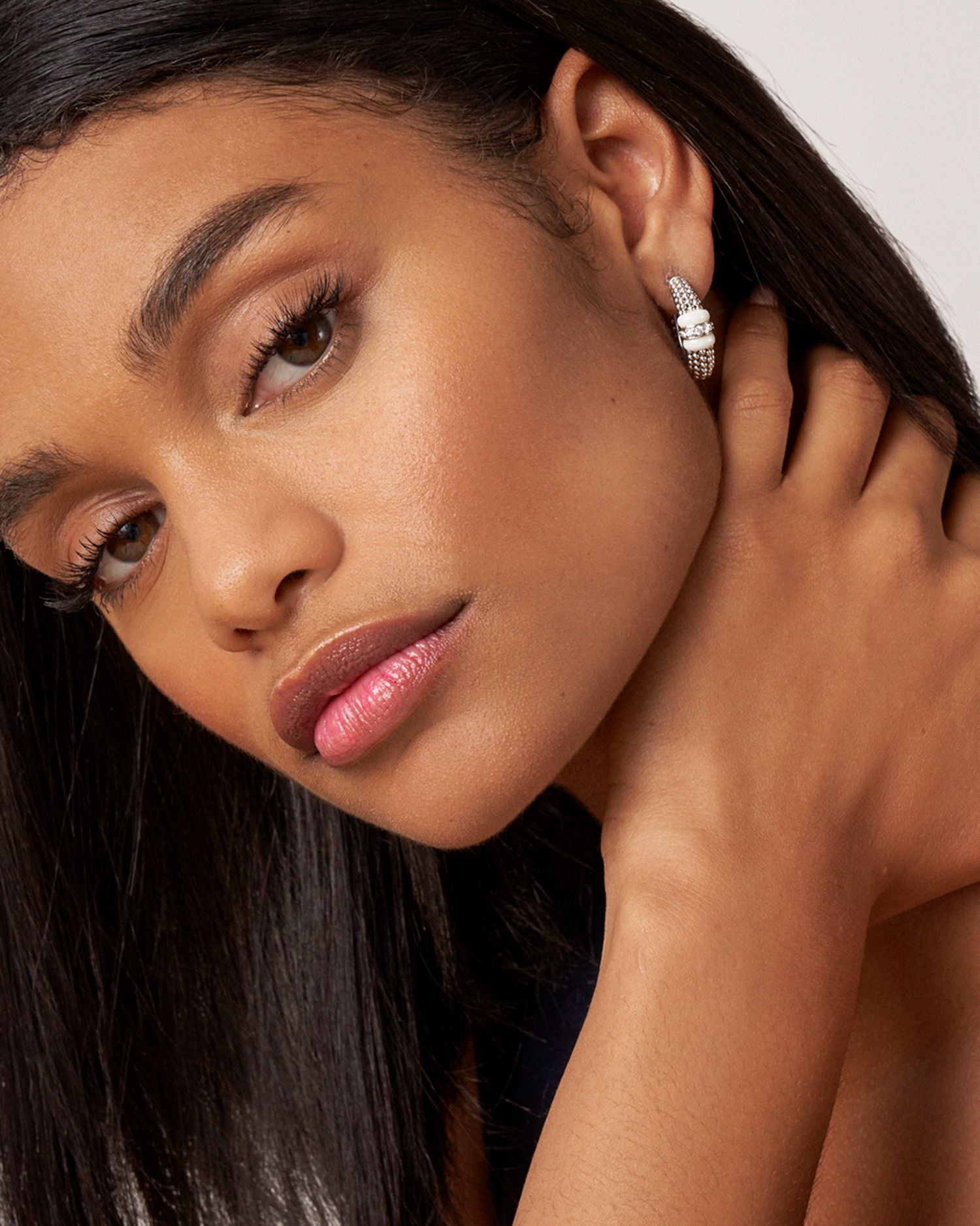 Ceramic & Sterling Silver White Caviar Diamond Hoop Earrings