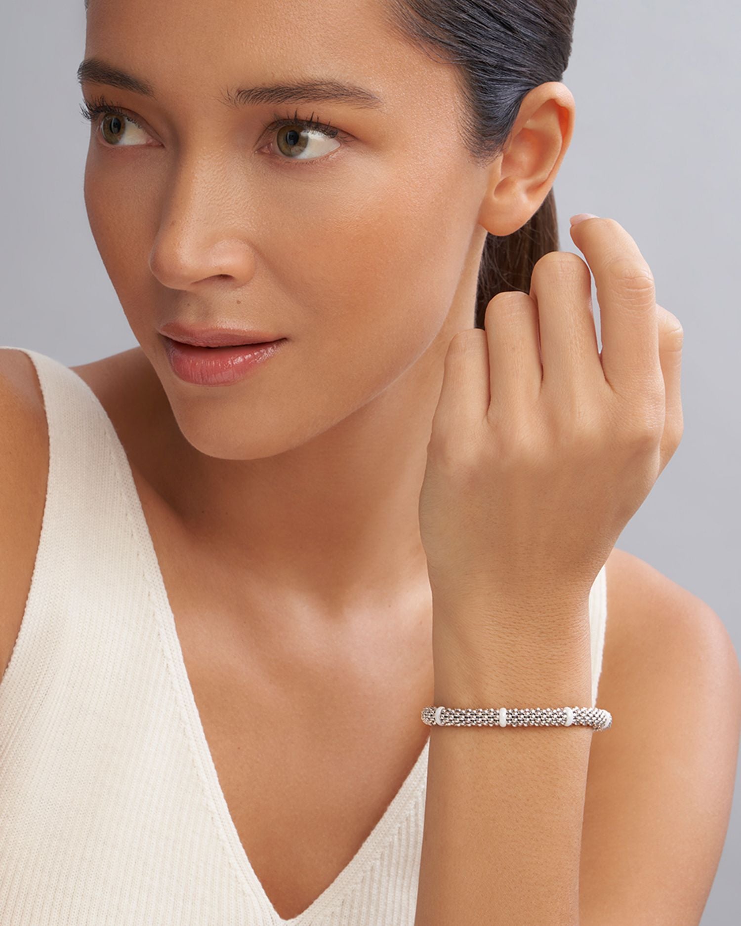 Sterling Silver White Caviar Ceramic Beaded Bracelets