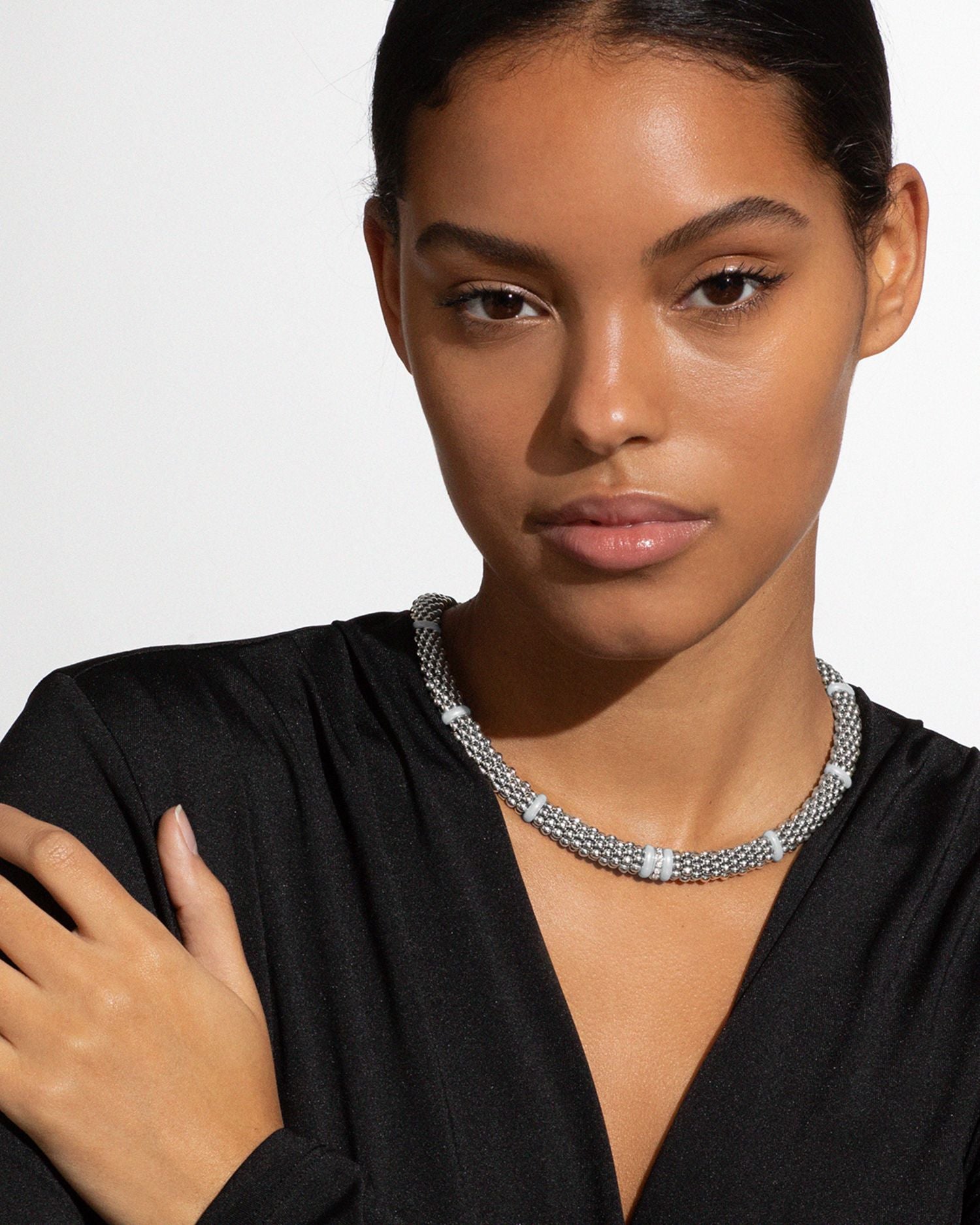 Ceramic & Sterling Silver White Caviar Diamond Station Necklace, 18"