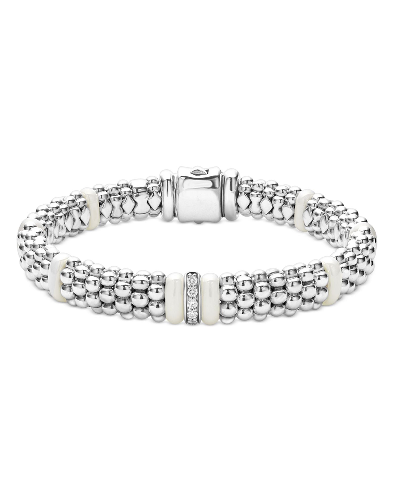 Sterling Silver White Caviar Ceramic & Diamond Beaded Bracelets