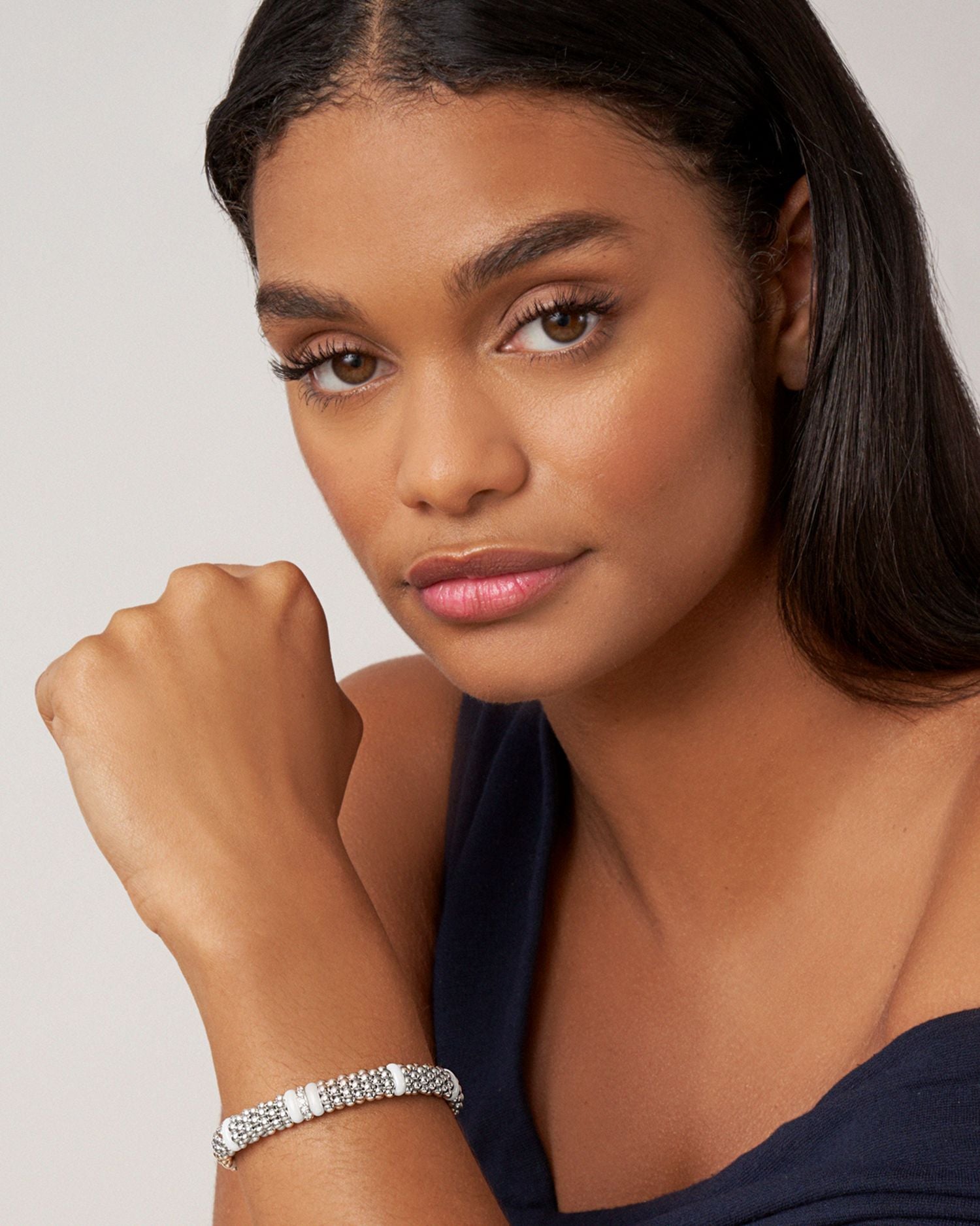 Sterling Silver White Caviar Ceramic & Diamond Beaded Bracelets