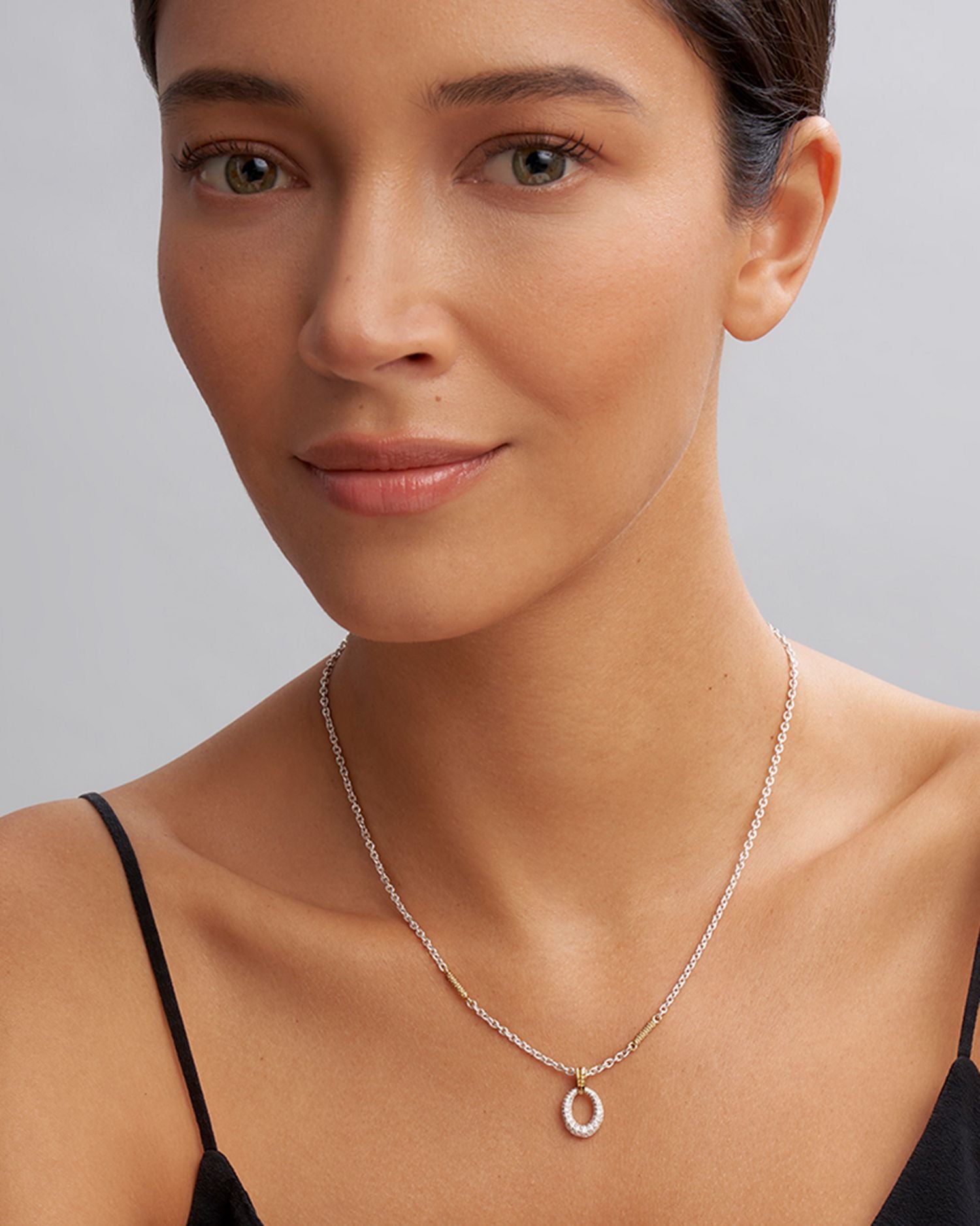 18K Yellow Gold & Sterling Silver Caviar Lux Oval Diamond Pendant Necklace, 16'