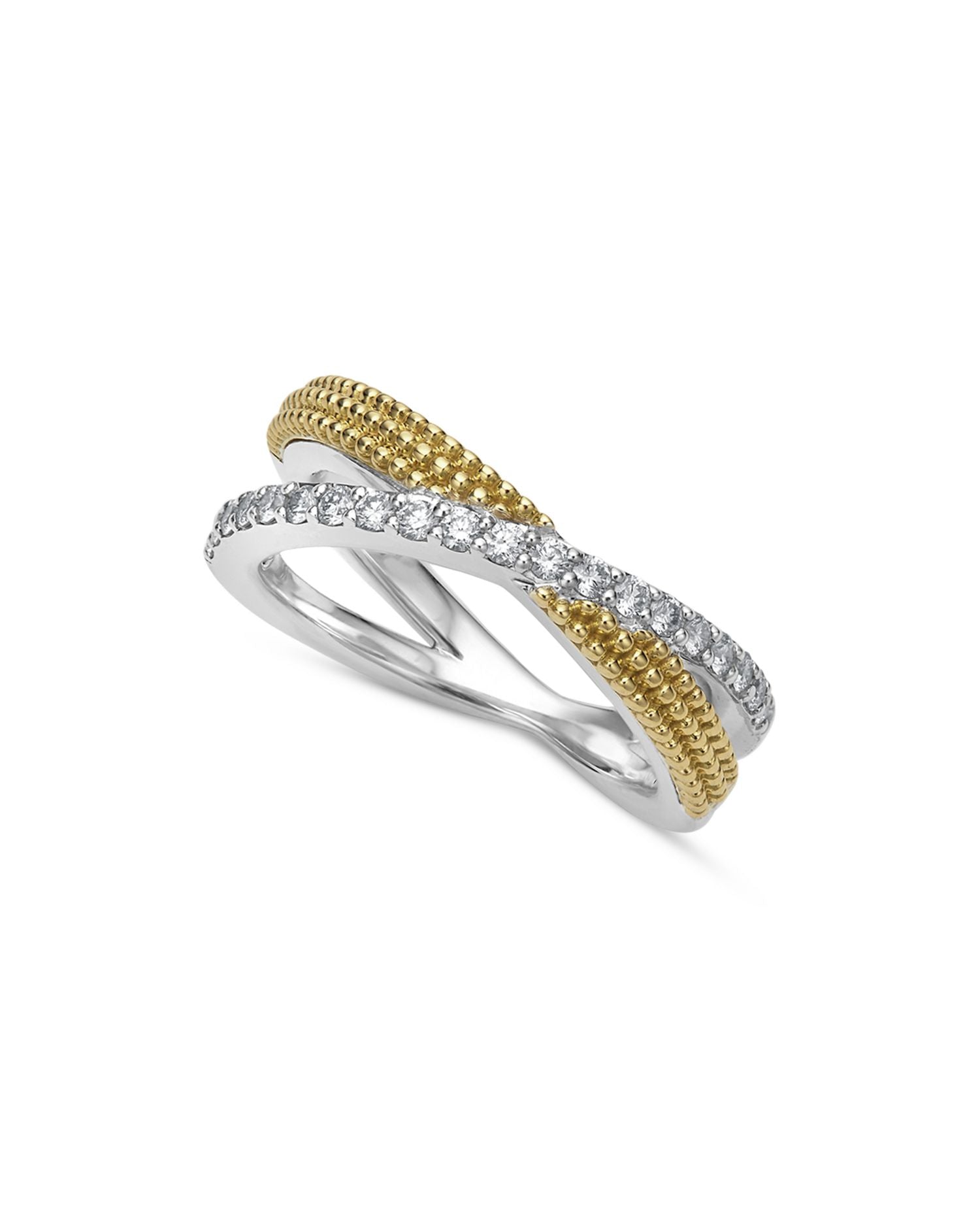 18K Yellow Gold & Sterling Silver Caviar Diamond & Bead Crossover Ring