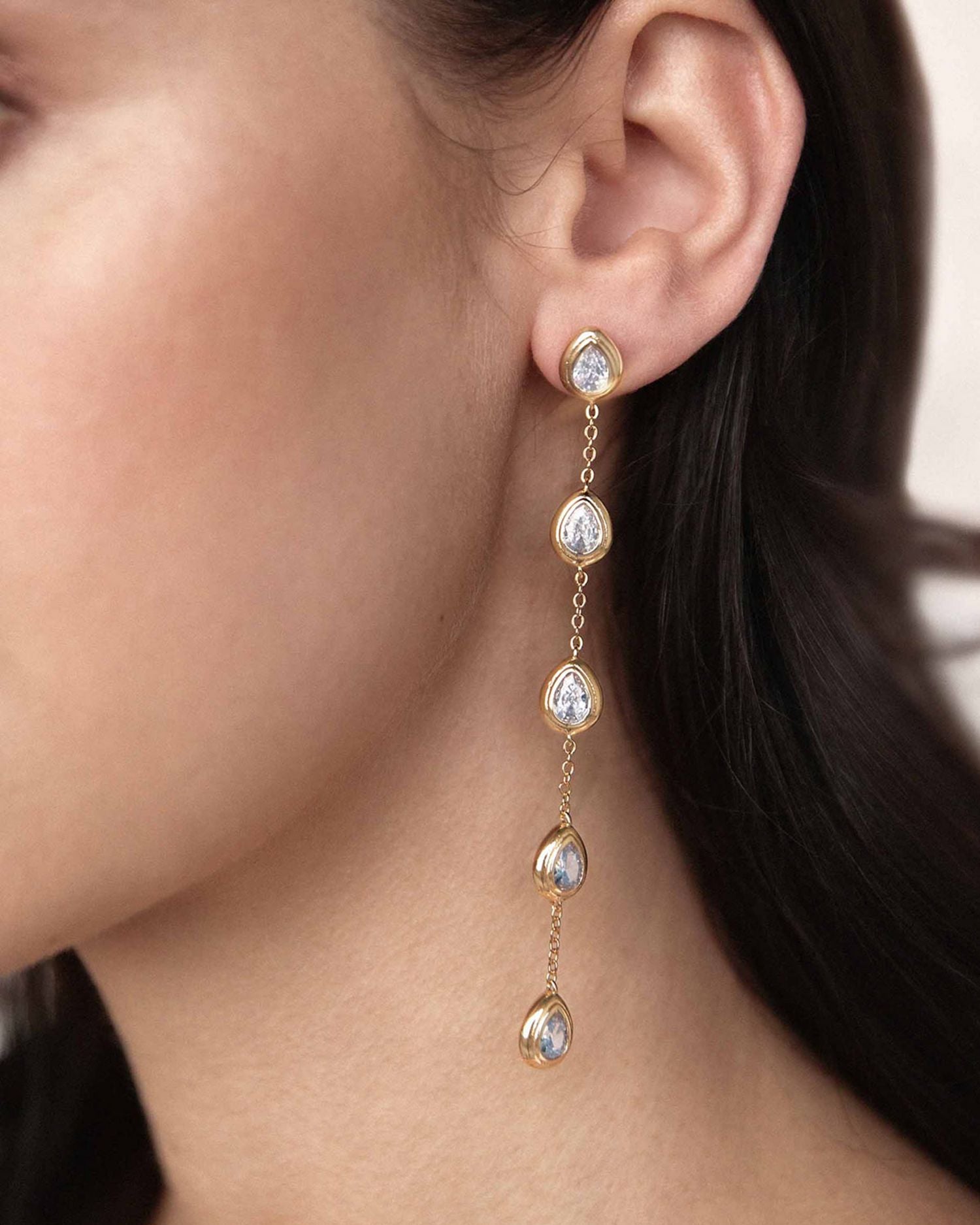 Single File Crystal Cubic Zirconia Teardrop Linear Drop Earrings in 18K Gold Plated