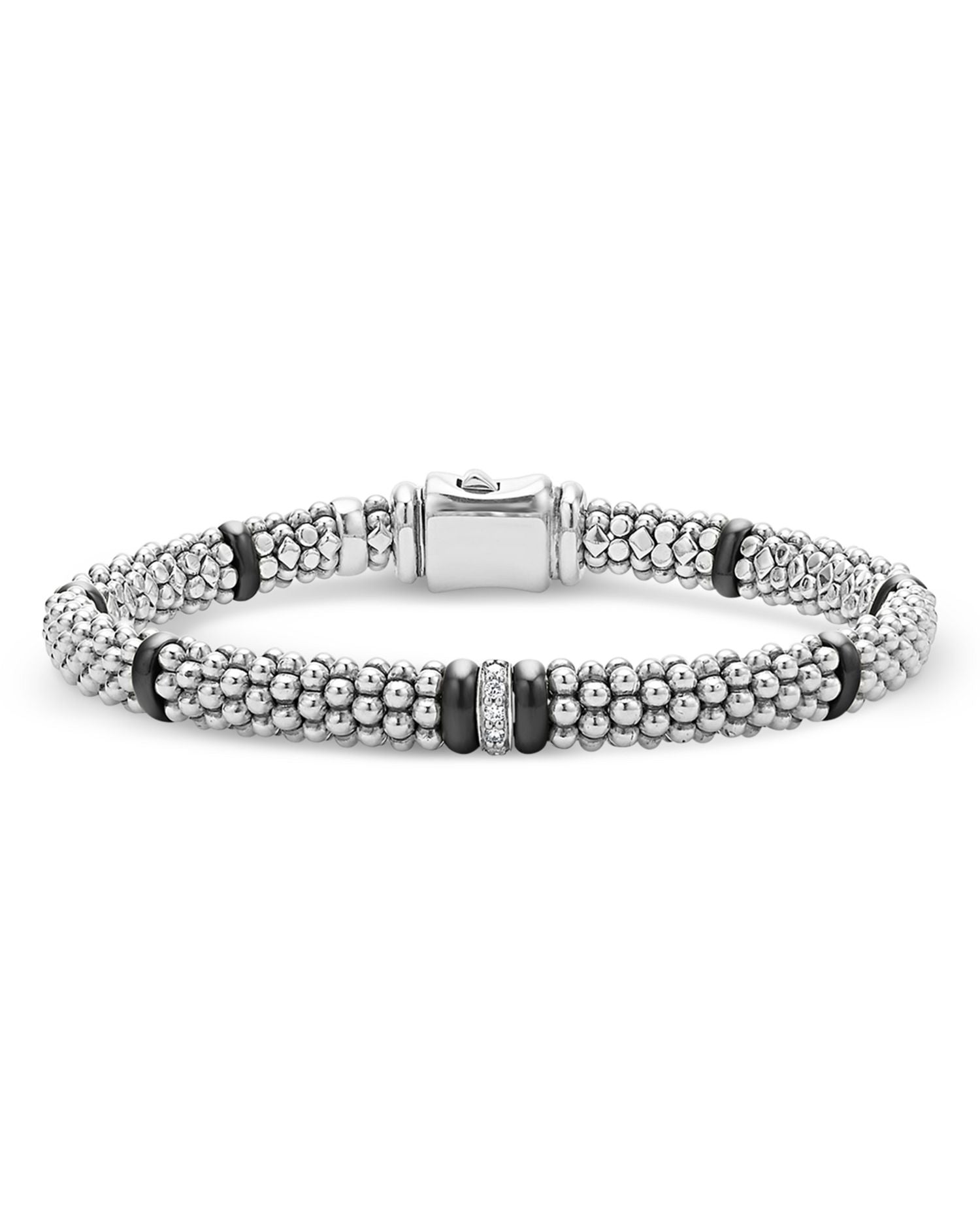 Single Station Diamond Black Caviar Bracelet in Sterling Silver