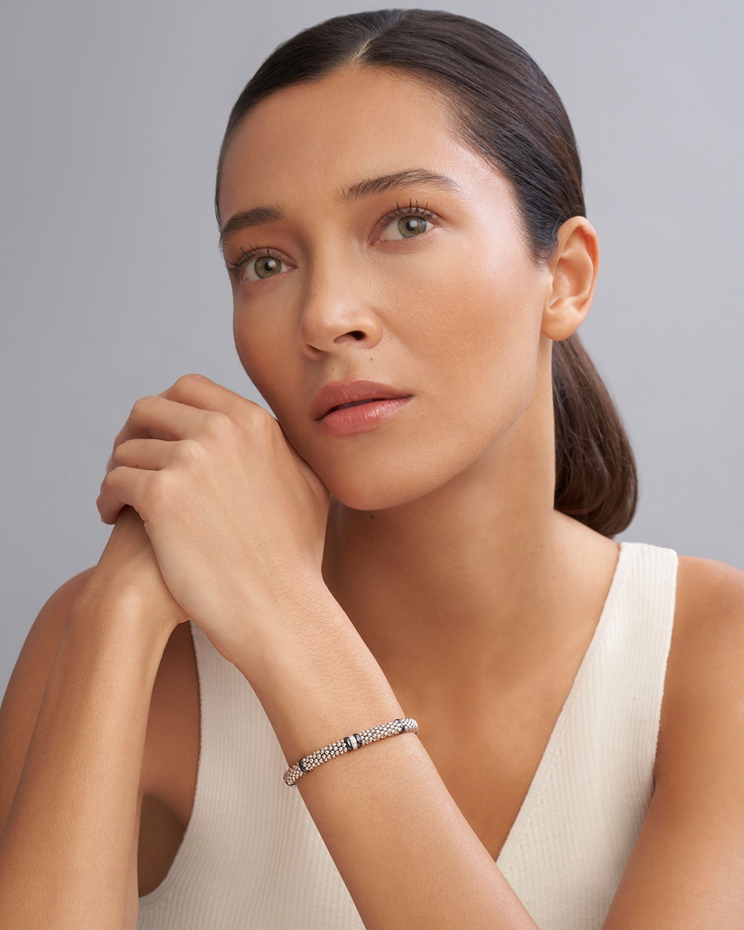 Single Station Diamond Black Caviar Bracelet in Sterling Silver