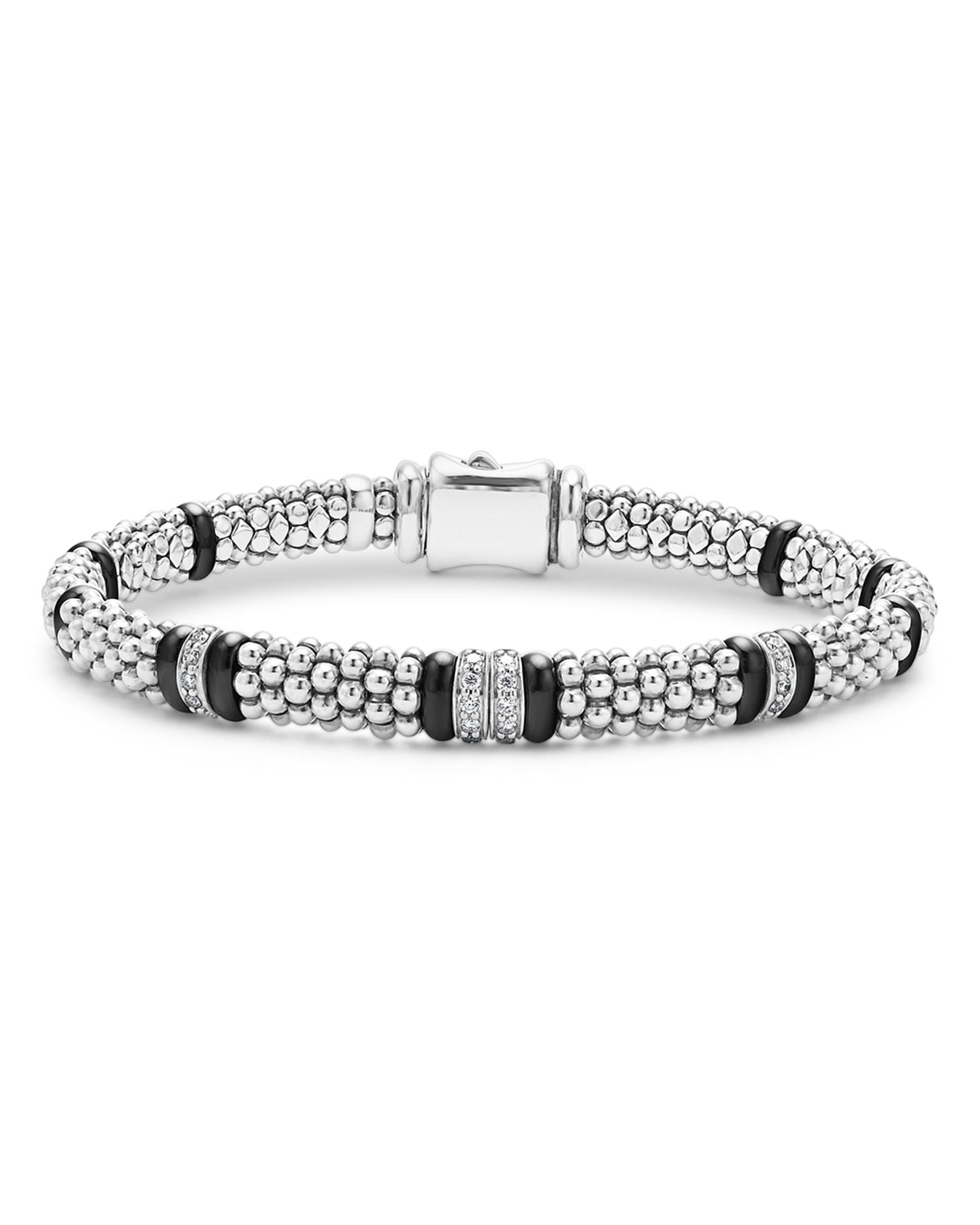 Four Station Diamond Black Caviar Bracelet in Sterling Silver
