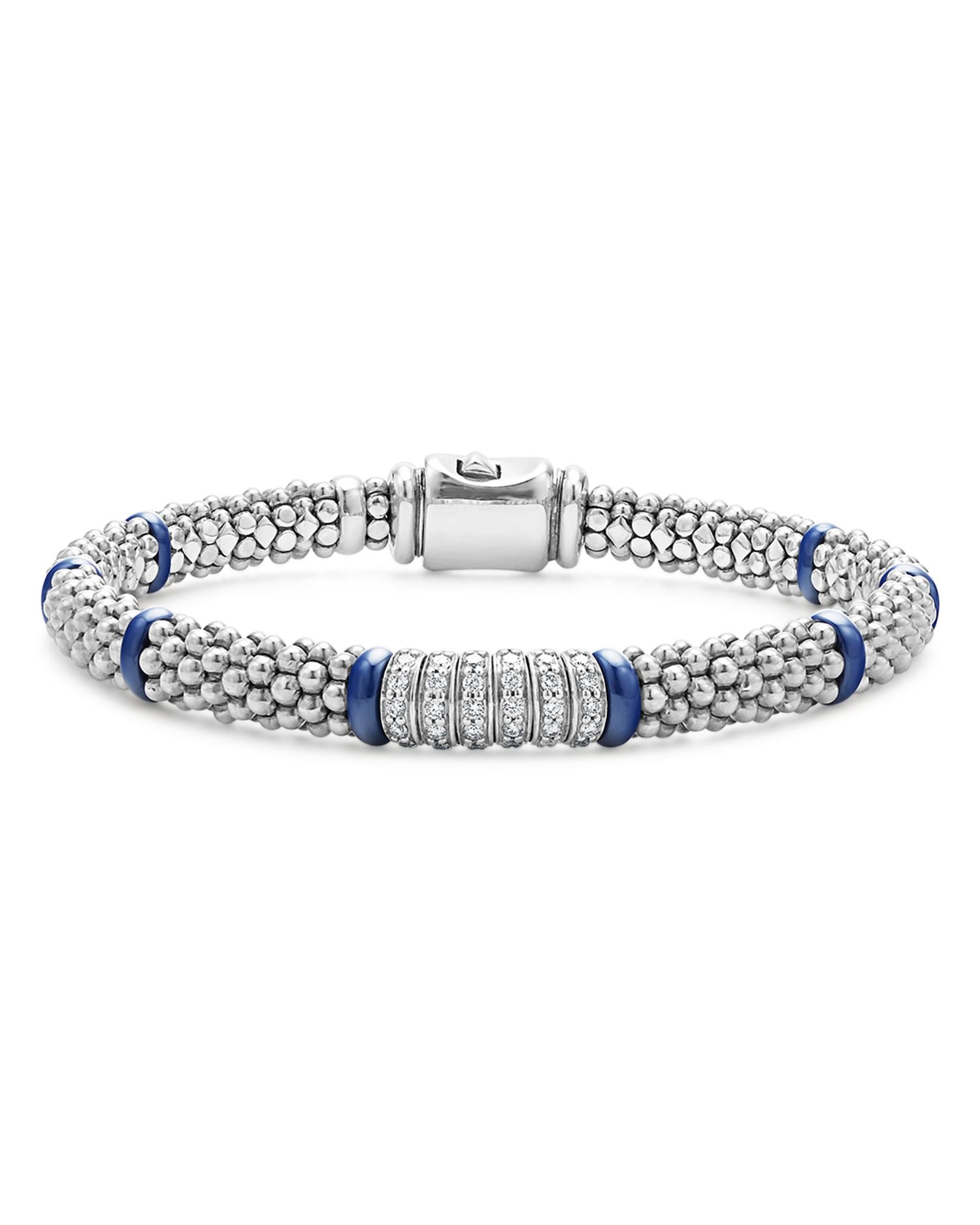 Six Station Diamond Blue Caviar Bracelet in Sterling Silver