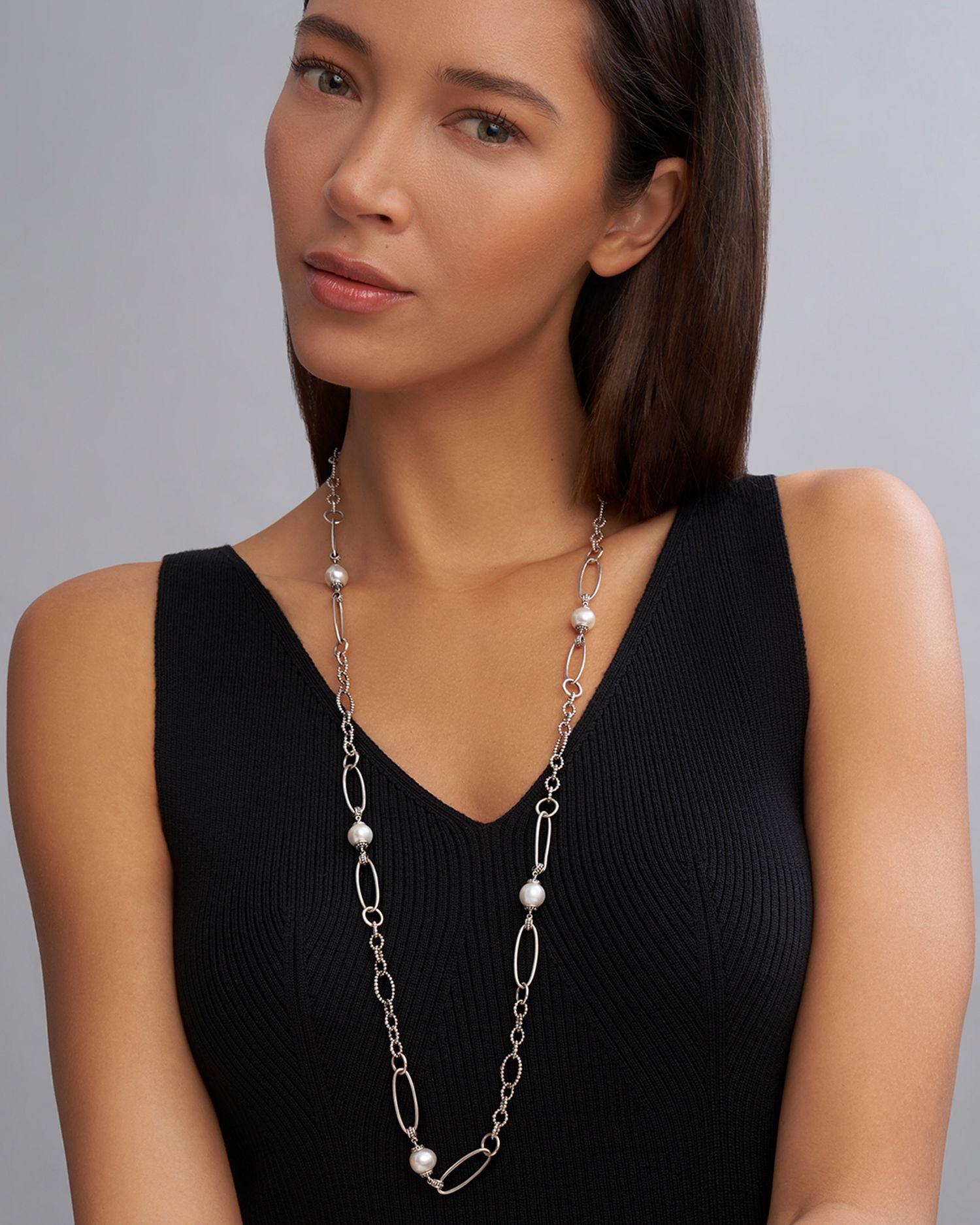 Sterling Silver Luna Cultured Freshwater Pearl Link Necklace, 34"