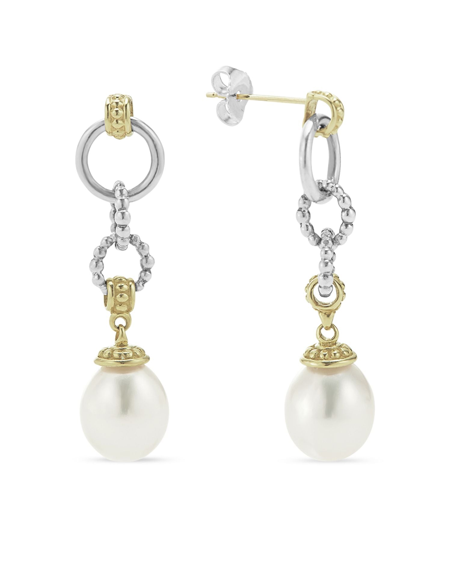 18k Gold & Sterling Silver Two Tone Luna Cultured Pearl Circle Drop Earrings