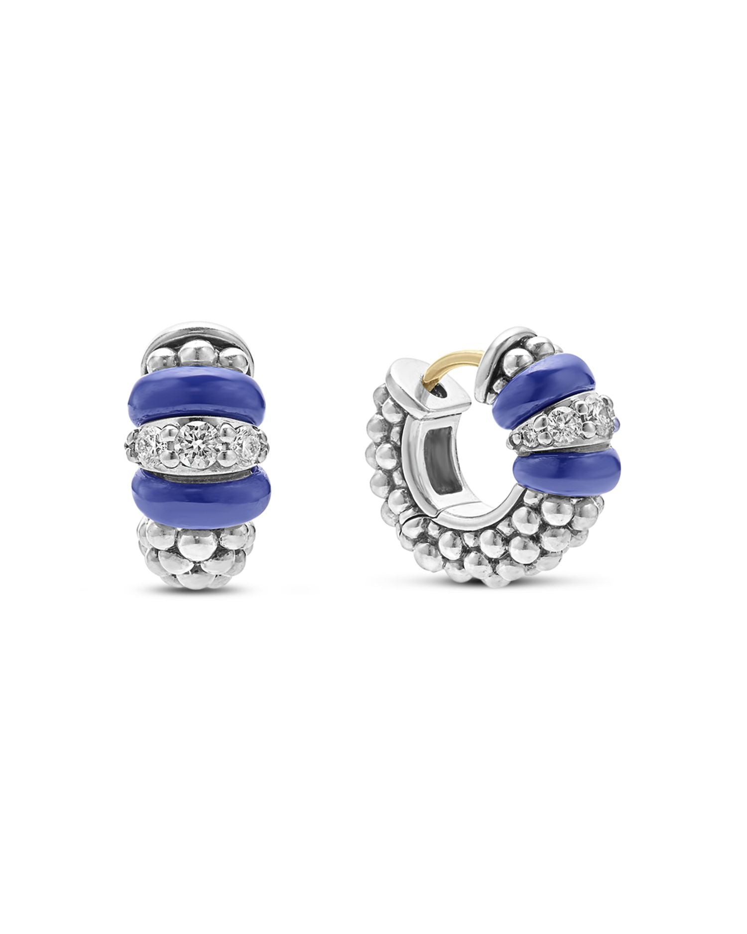 Blue Caviar Ceramic and Diamond Huggie Earrings in Sterling Silver