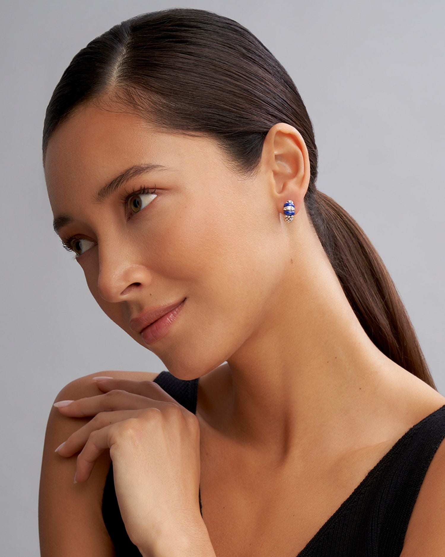 Blue Caviar Ceramic and Diamond Huggie Earrings in Sterling Silver