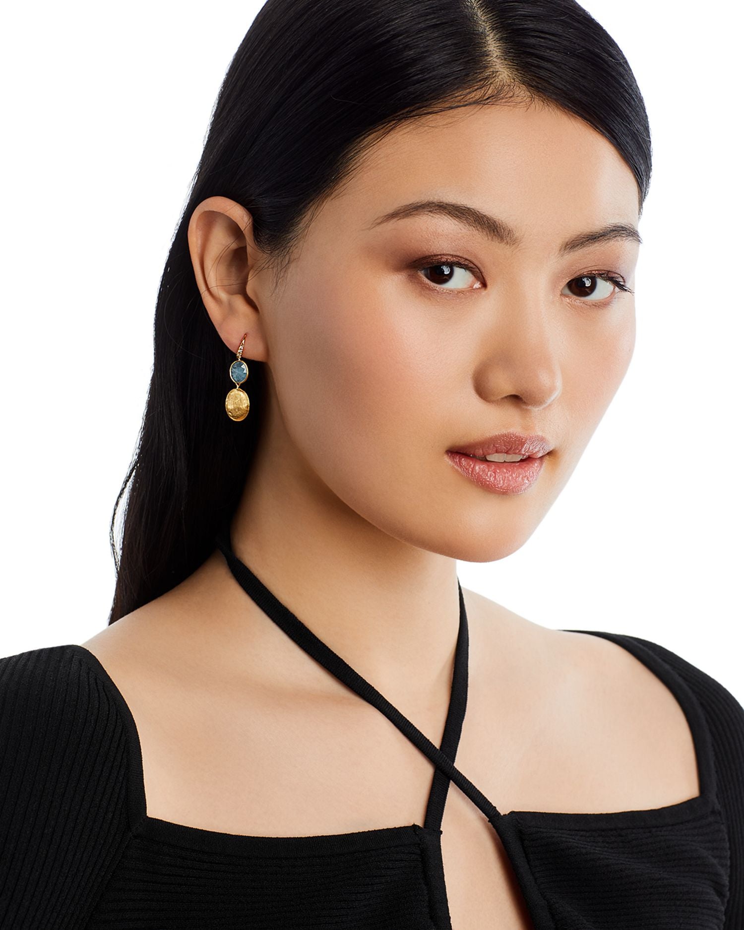 18K Yellow Gold Siviglia Aquamarine & Diamond Textured Bead Drop Earrings