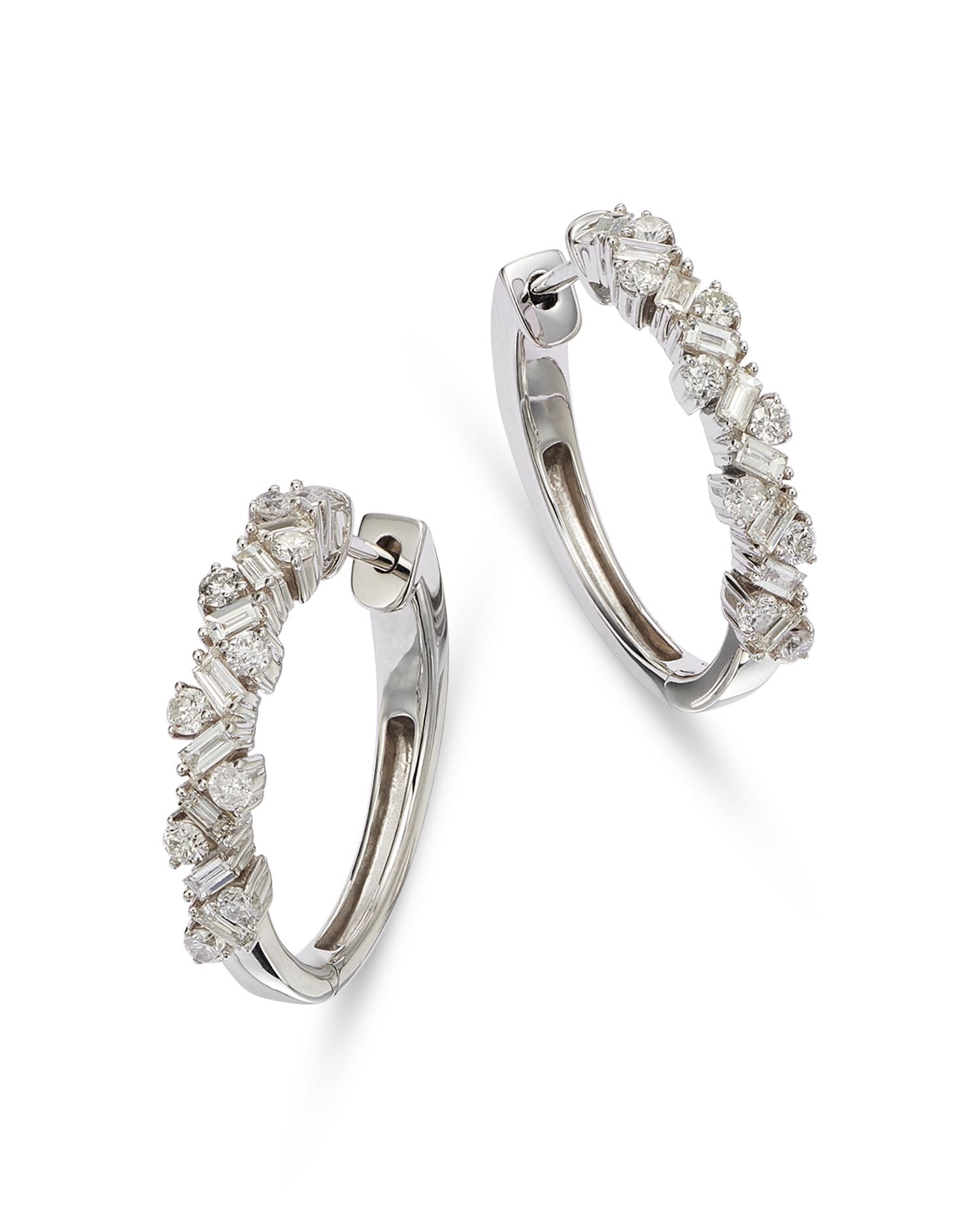 Diamond Round & Baguette Cluster Hoop Earrings in 14K White Gold, 0.96 ct. t.w. - Exclusive