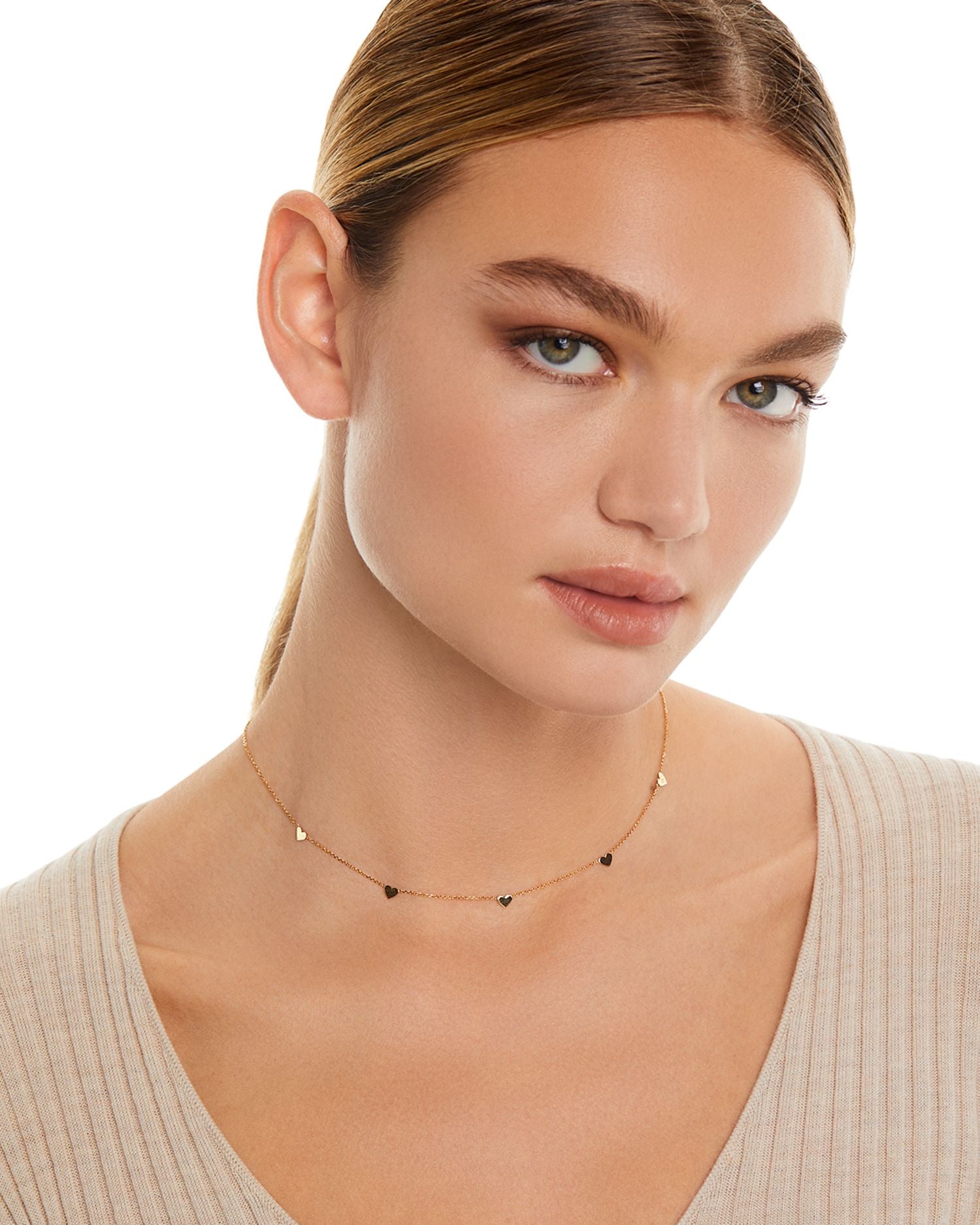 14K Yellow Gold Heart Station Necklace, 18'-20'