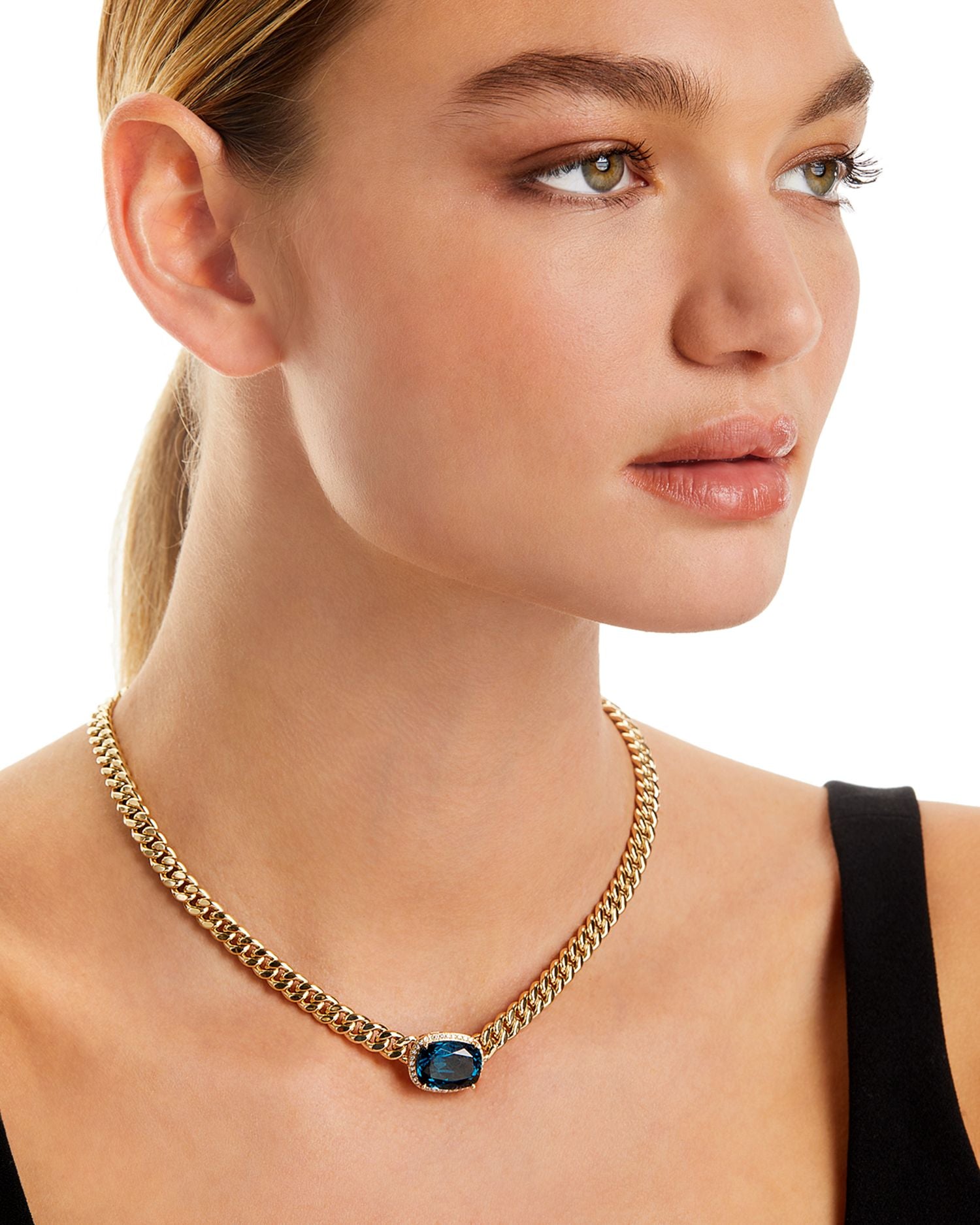 Blue Topaz & Diamond Bold Chain Link Statement Necklace in 14K Yellow Gold, 17' - Exclusive