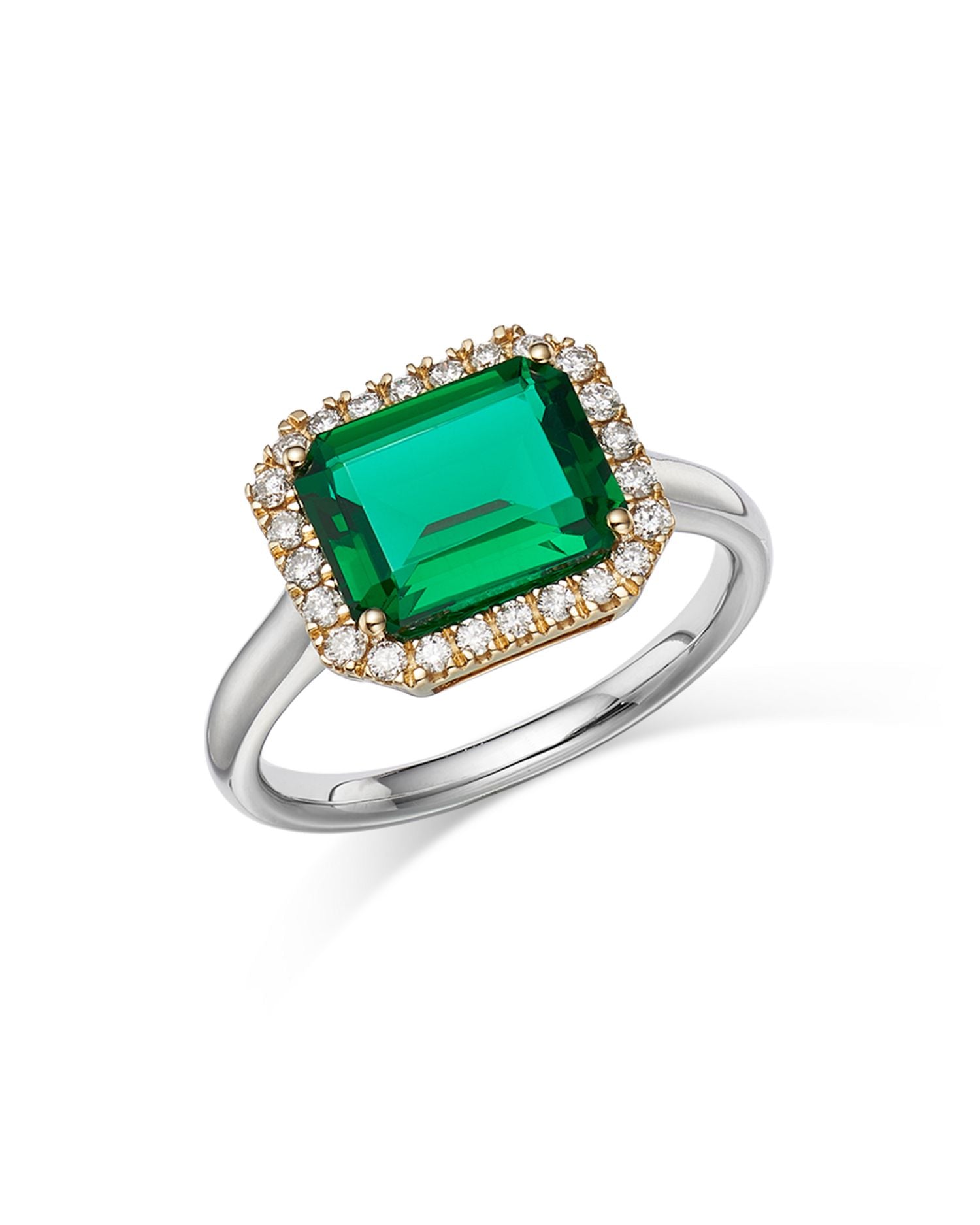 Emerald and Diamond Halo Ring in 14K Yellow & White Gold - Exclusive
