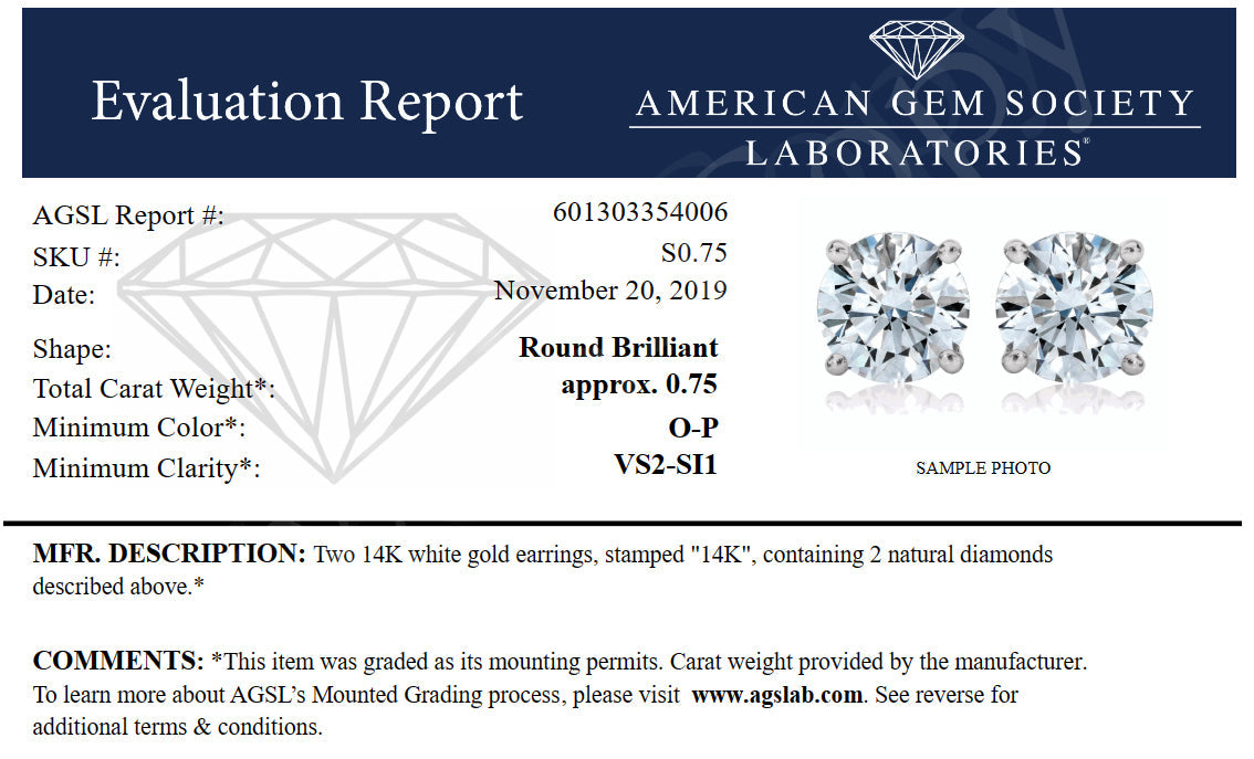 3/4 cttw VS2-SI1 Certified Diamond Stud Earrings 14K White Gold with Screw Backs
