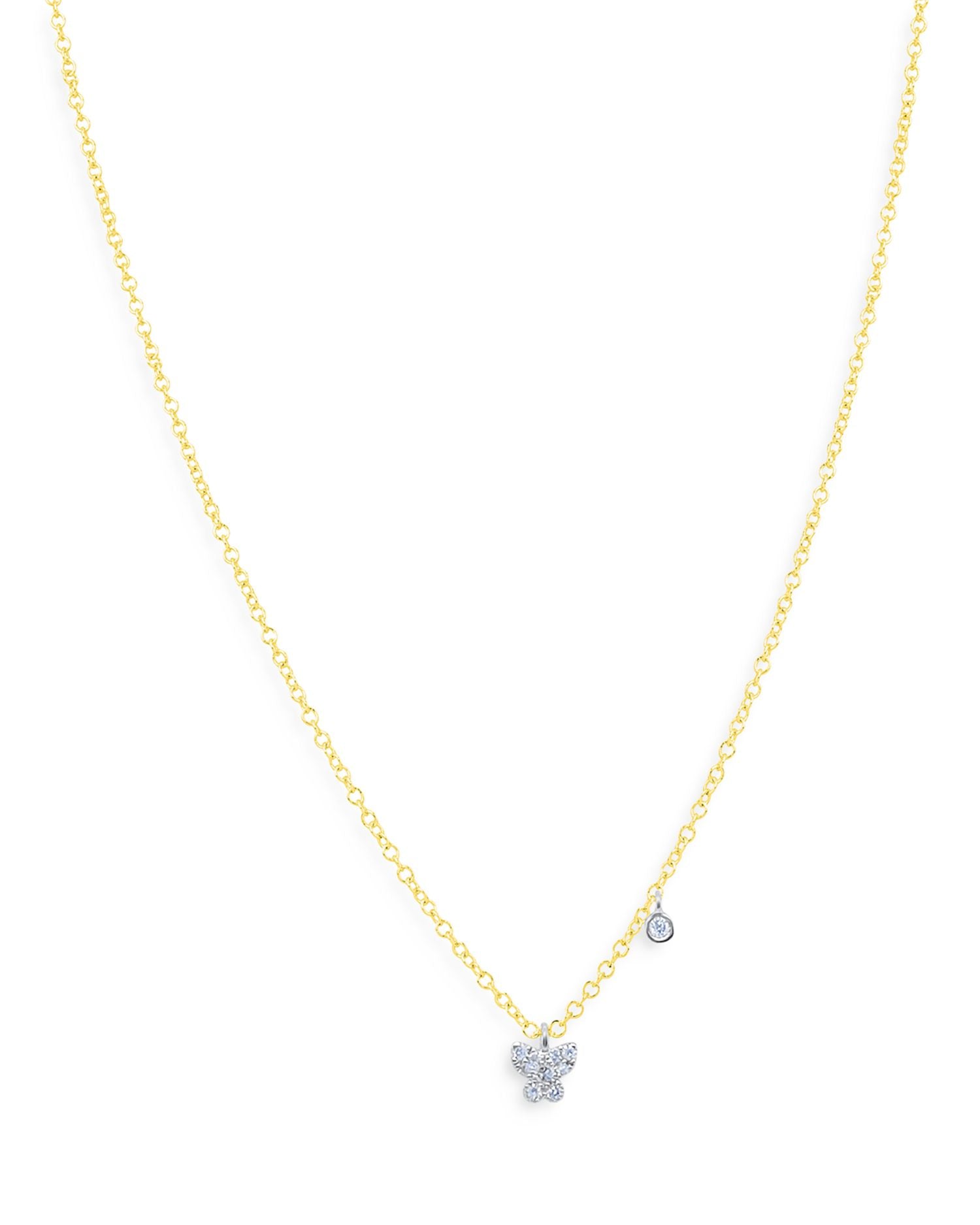 14K White & Yellow Gold Diamond Mini Butterfly & Disc Pendant Necklace