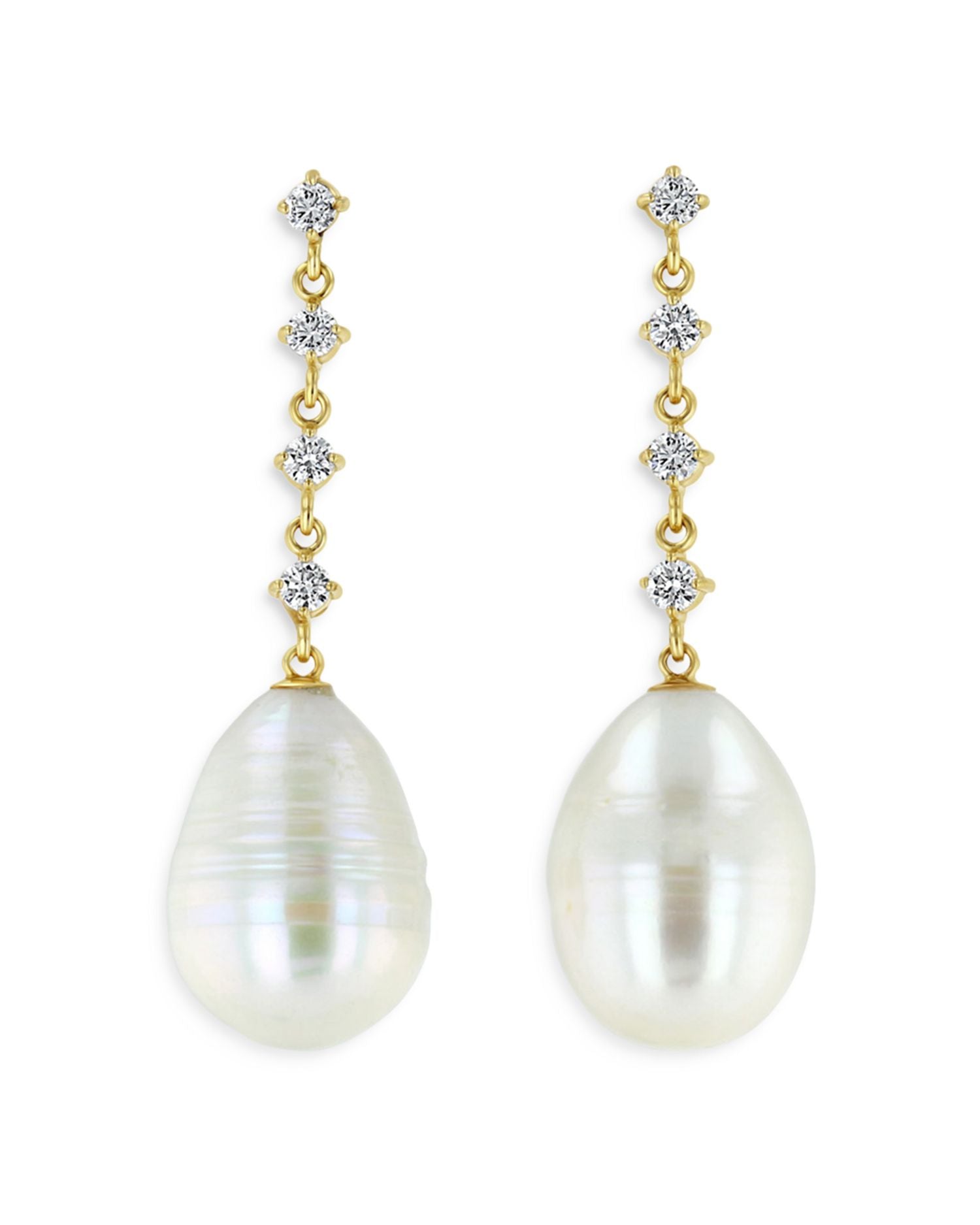 14k Yellow Gold Linked Prong Diamond & Cultured Baroque Pearl Drop Earrings