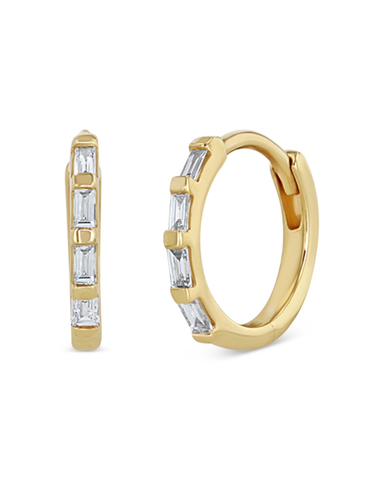 14k Yellow Gold Baguette Diamond Hinge Huggie Hoop Earrings