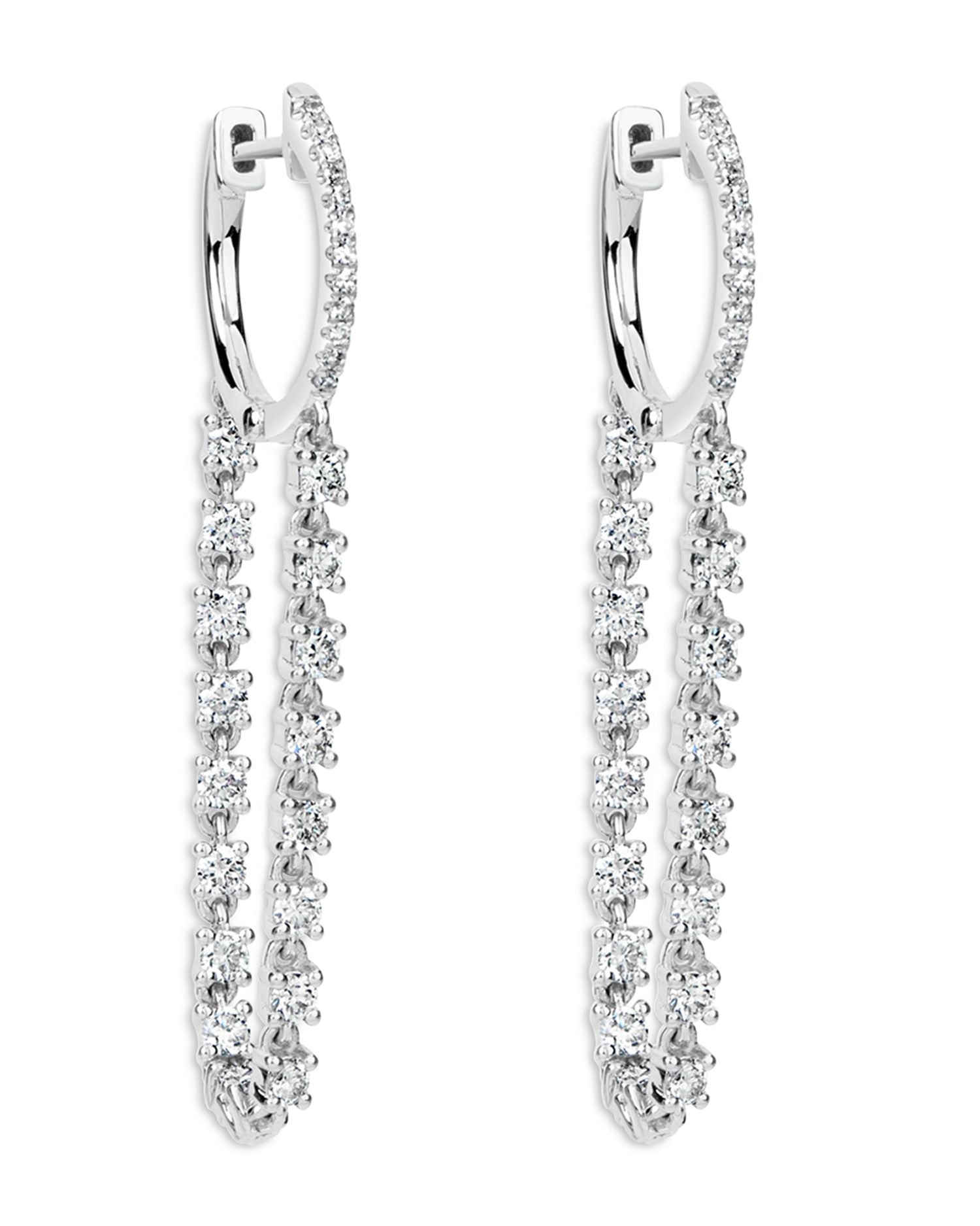 14K White Gold Diamond Chain Drop Hoop Earrings