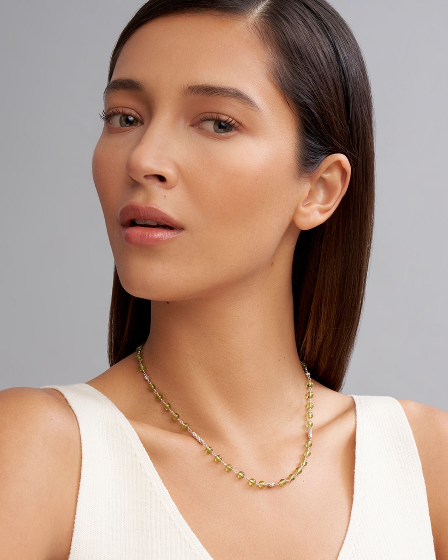 Sterling Silver Caviar Peridot Bead Station Necklace, 16"-18"