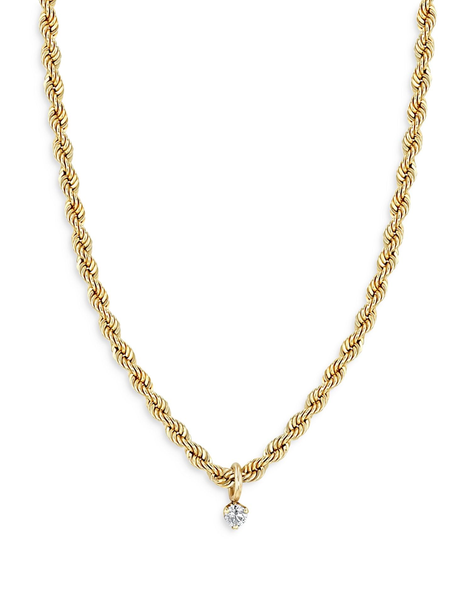 14k Yellow Gold Dangling Prong Diamond Medium Rope Chain Necklace, 16'