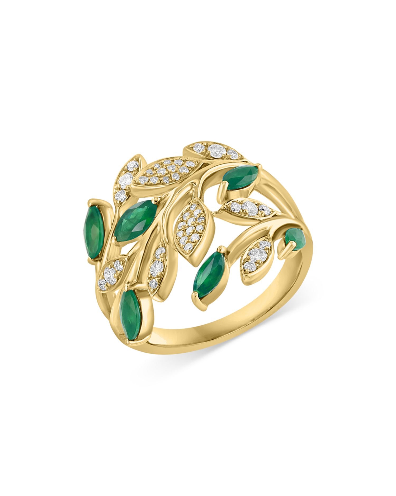 Emerald & Diamond Leaf Ring in 14K Yellow Gold - Exclusive