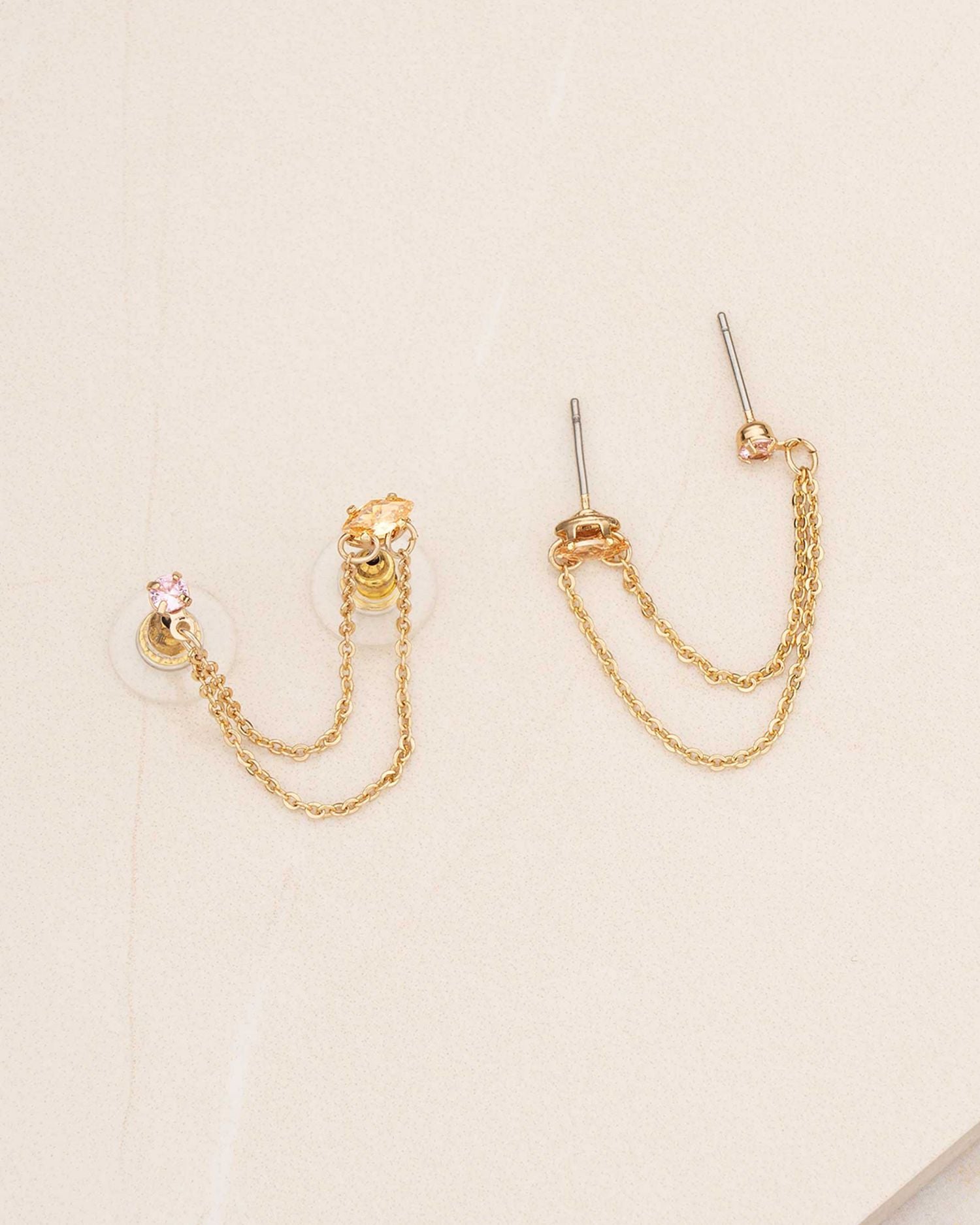 Draped Chain Double Piercing Cubic Zirconia Earrings