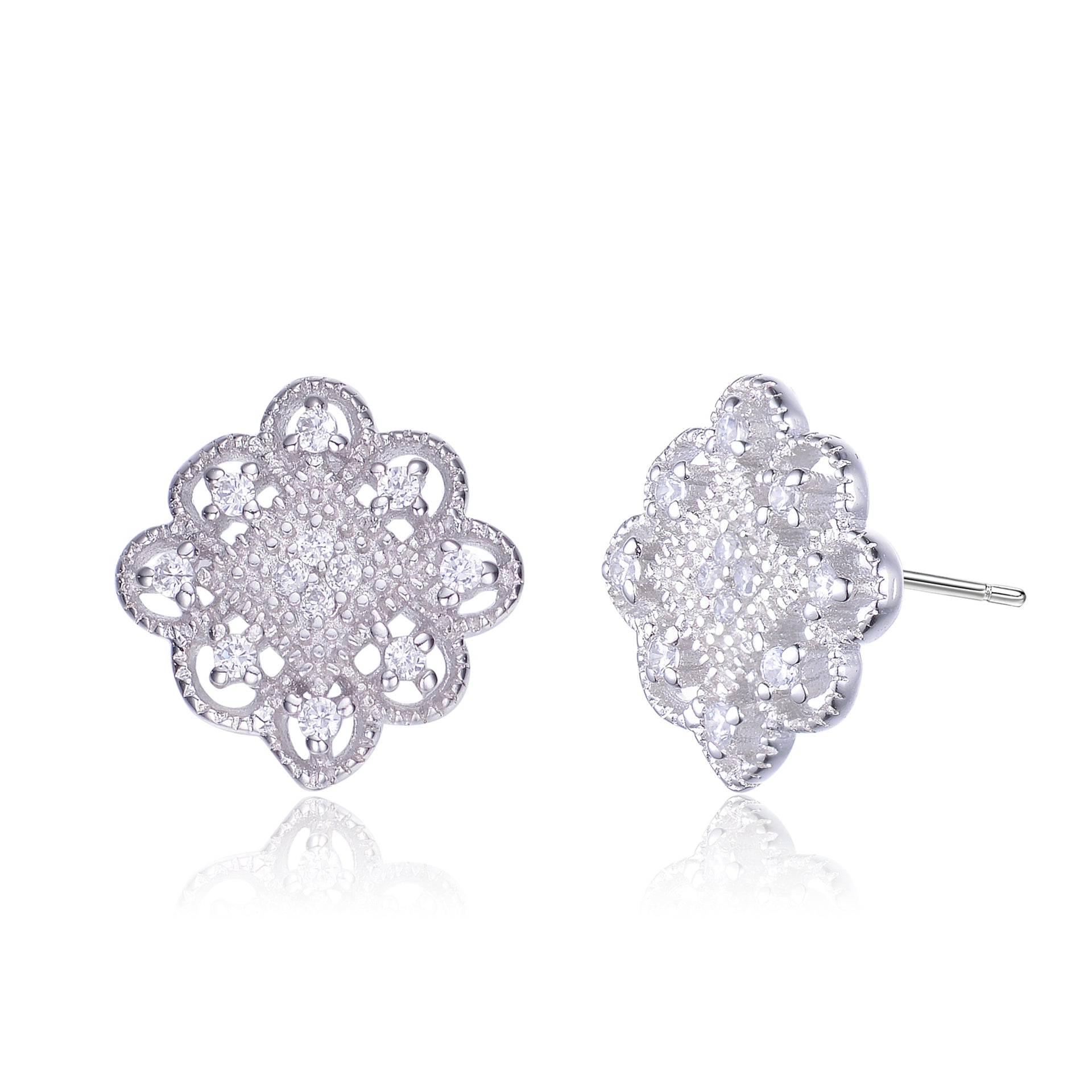 Sterling Silver Cubic Zirconia Floral Stud Earrings