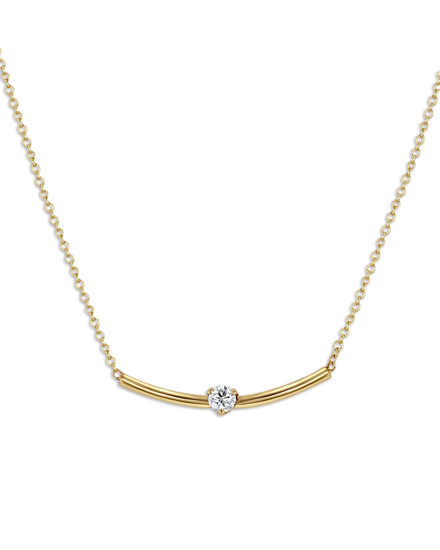 14K Yellow Gold Prong Diamonds Diamond Solitaire Curved Bar Necklace, 16-18'