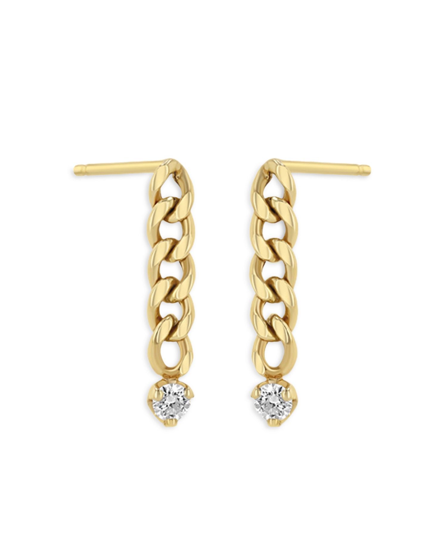 14K Yellow Gold Prong Diamonds Diamond Curb Link Chain Drop Earrings