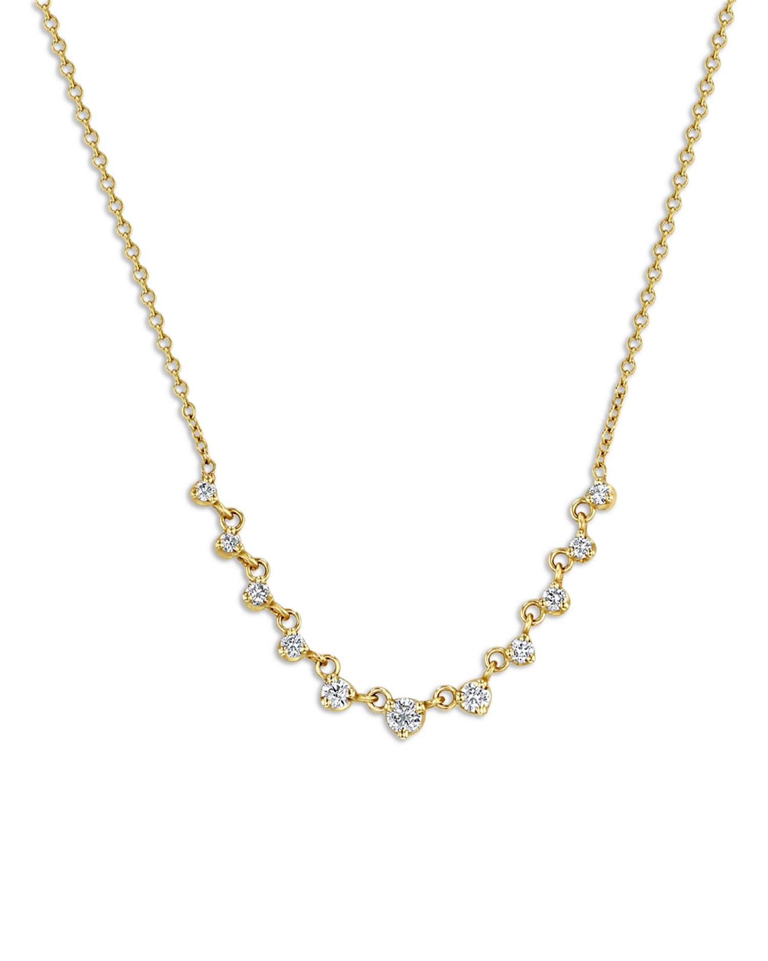 14K Yellow Gold Prong Diamonds Graduated Diamond Collar Necklace, 14-16'