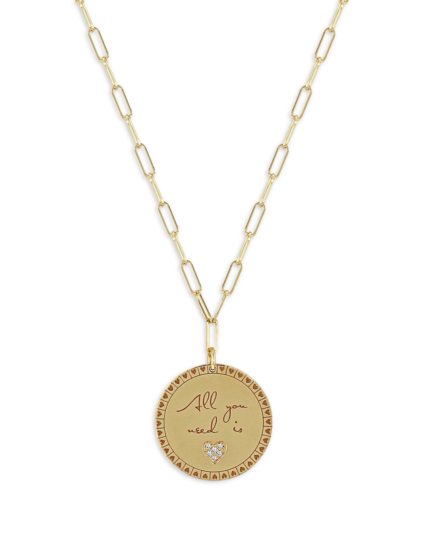 14K Yellow Gold Mantra Diamond Accented All You Need is Love Disc Pendant Necklace, 18'