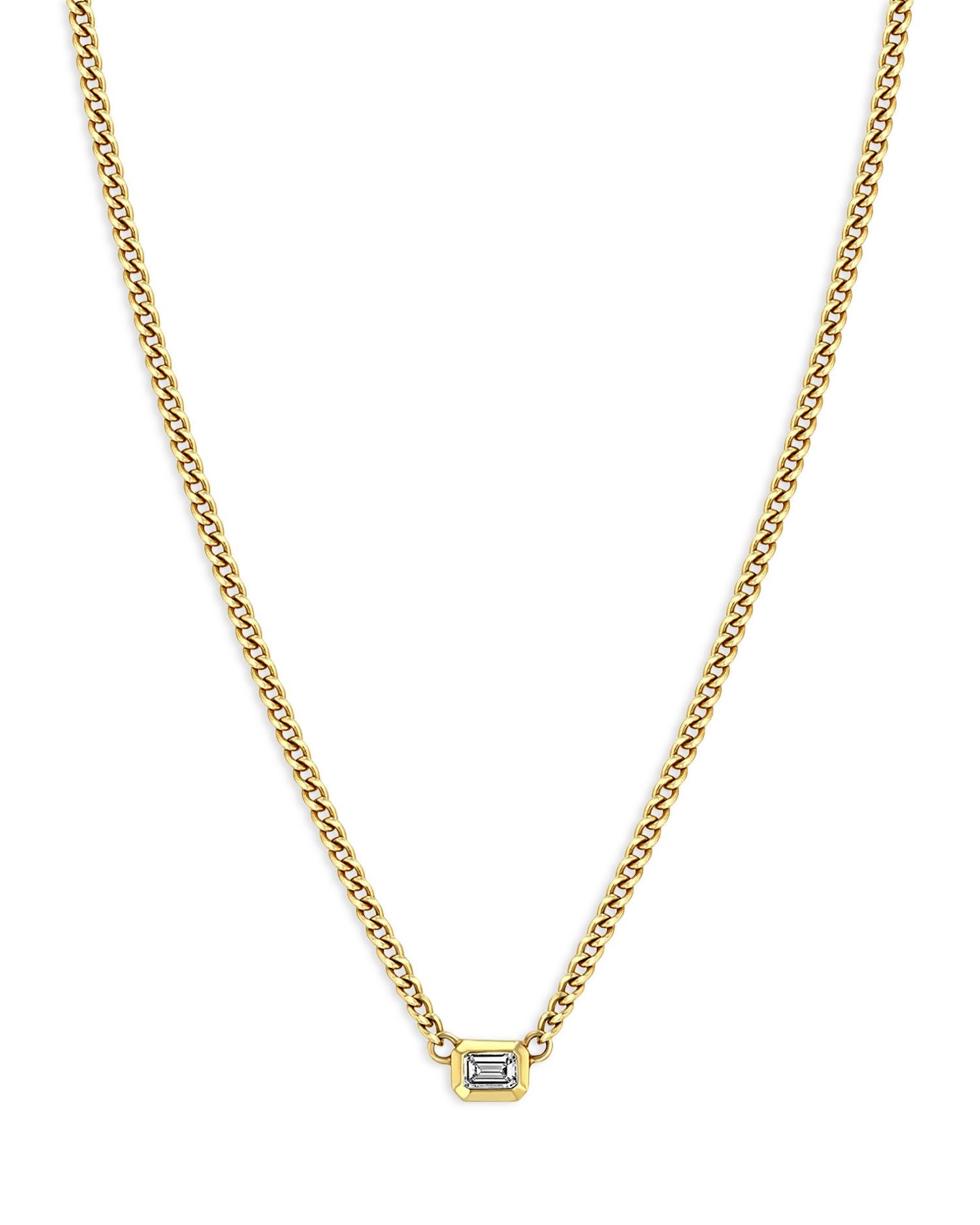 14K Yellow Gold Paris Diamond Emerald-Cut Solitaire Curb Link Chain Necklace, 14-16'