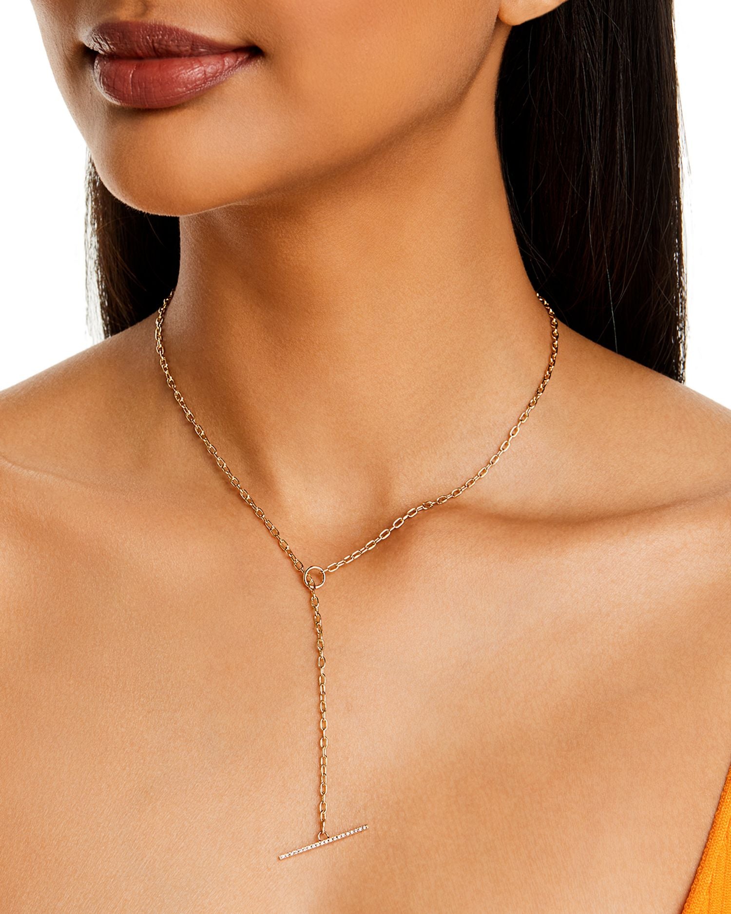 14K Yellow Gold Heavy Metal Diamond Pavé Toggle Bar Oval Link Chain Necklace, 17'