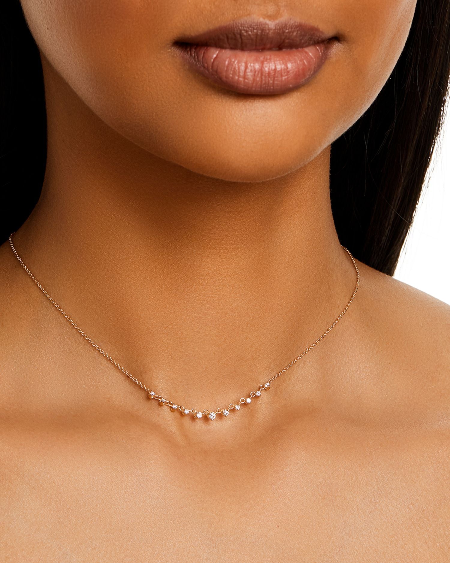 14K Yellow Gold Prong Diamonds Graduated Diamond Collar Necklace, 14-16'