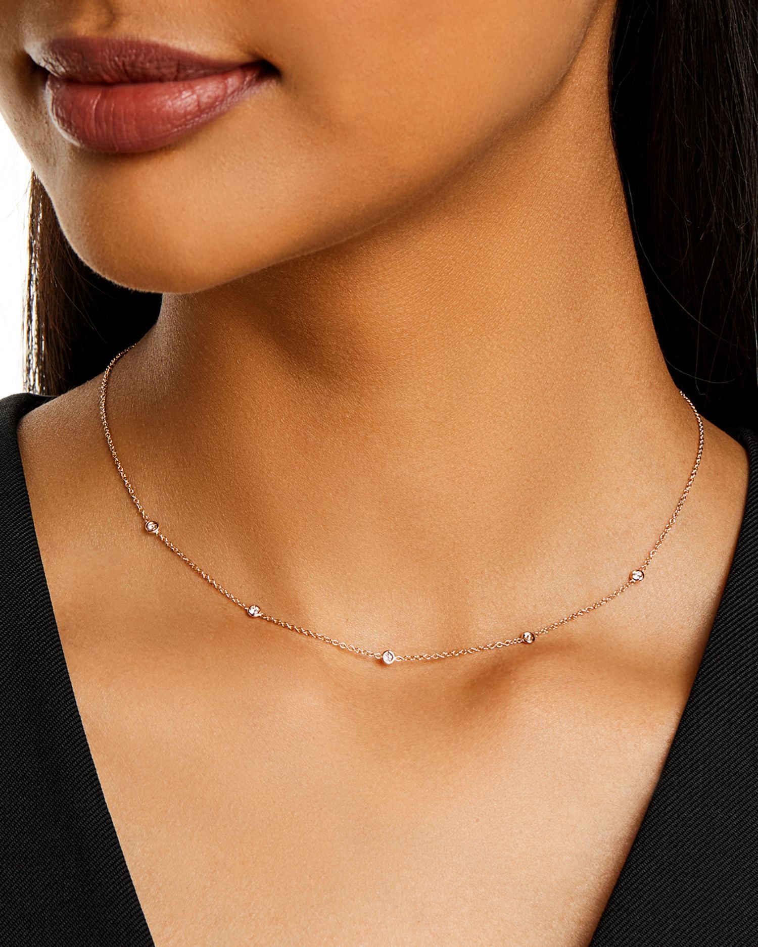 14K Yellow Gold Floating Diamonds Diamond Bezel Choker Necklace, 14-16"