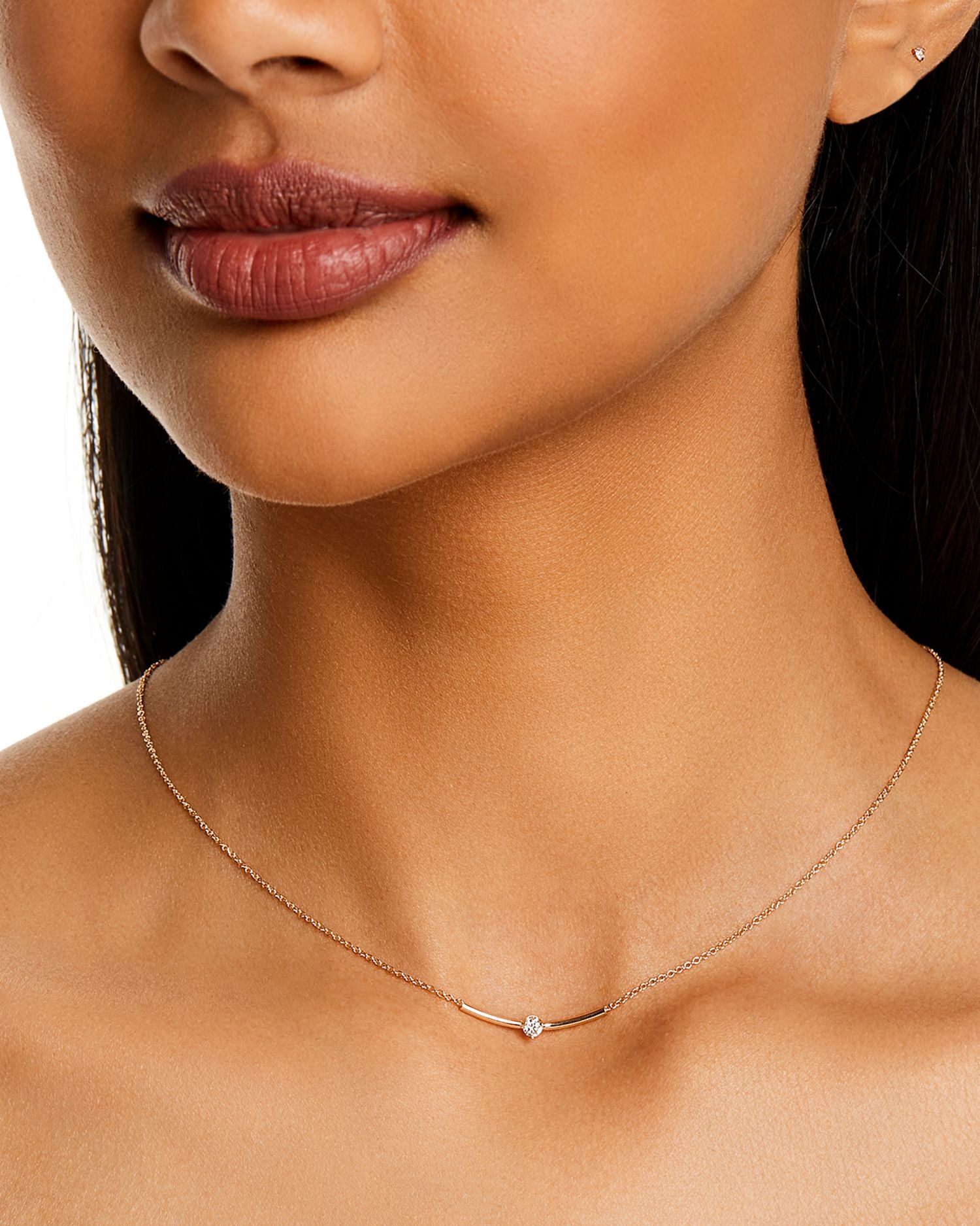 14K Yellow Gold Prong Diamonds Diamond Solitaire Curved Bar Necklace, 16-18'