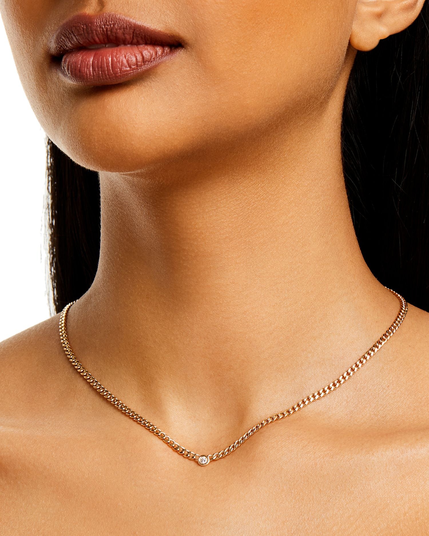 14k Yellow Gold Floating Diamond Small Curb Chain Necklace, 16'