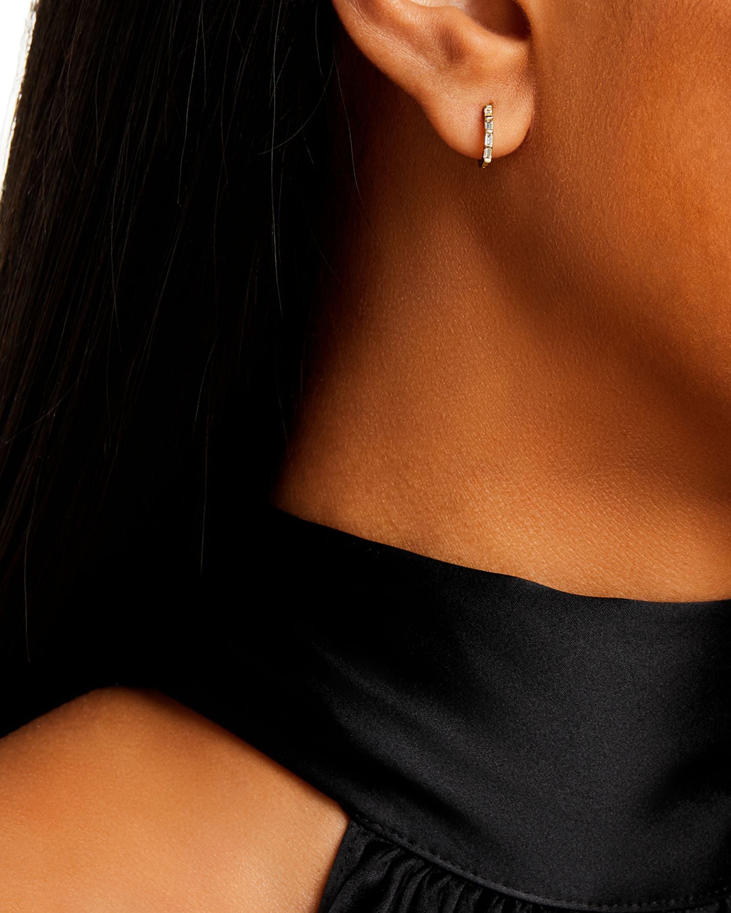 14k Yellow Gold Baguette Diamond Hinge Huggie Hoop Earrings