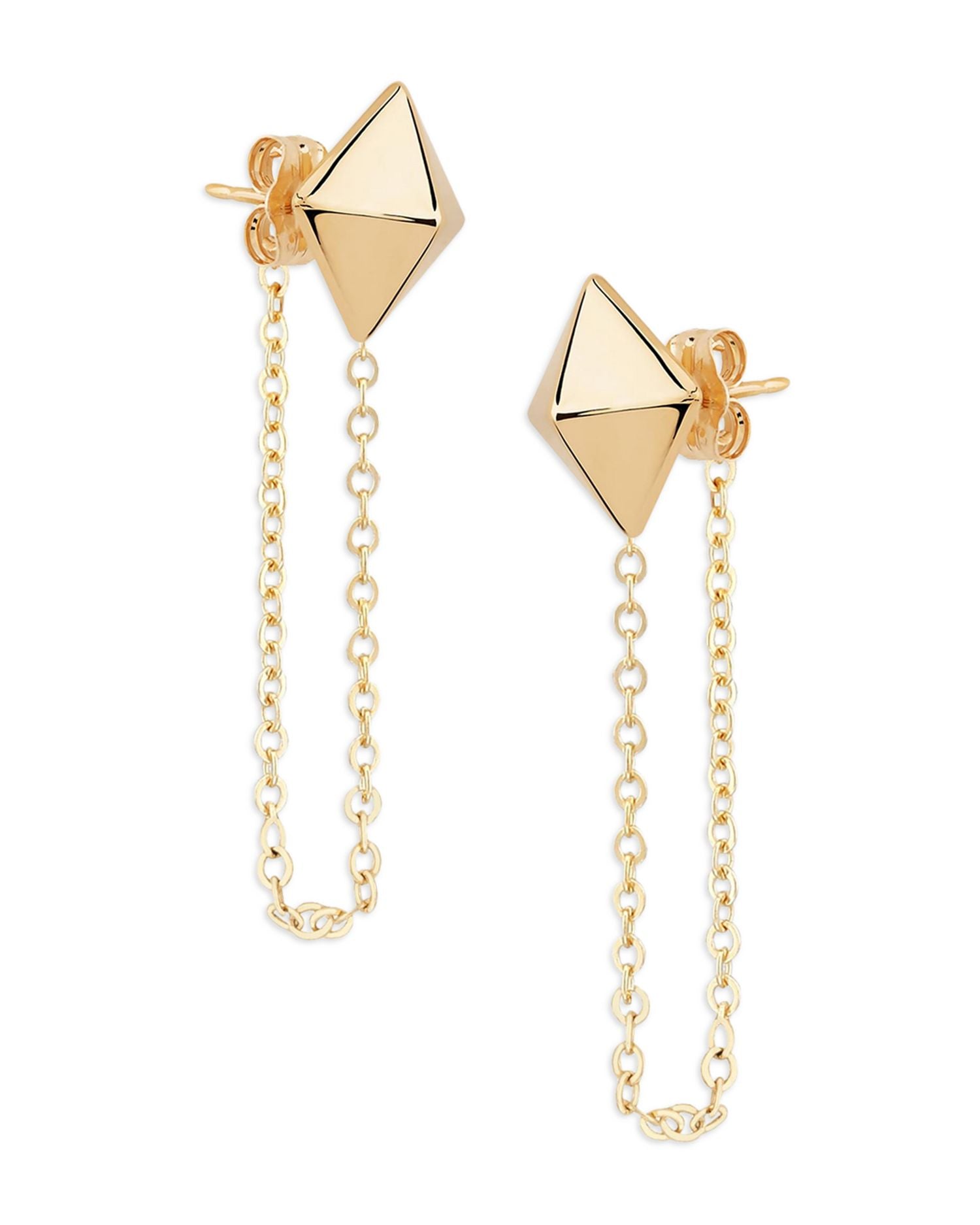 14K Yellow Gold Pyramid Stud Draped Chain Earrings - Exclusive
