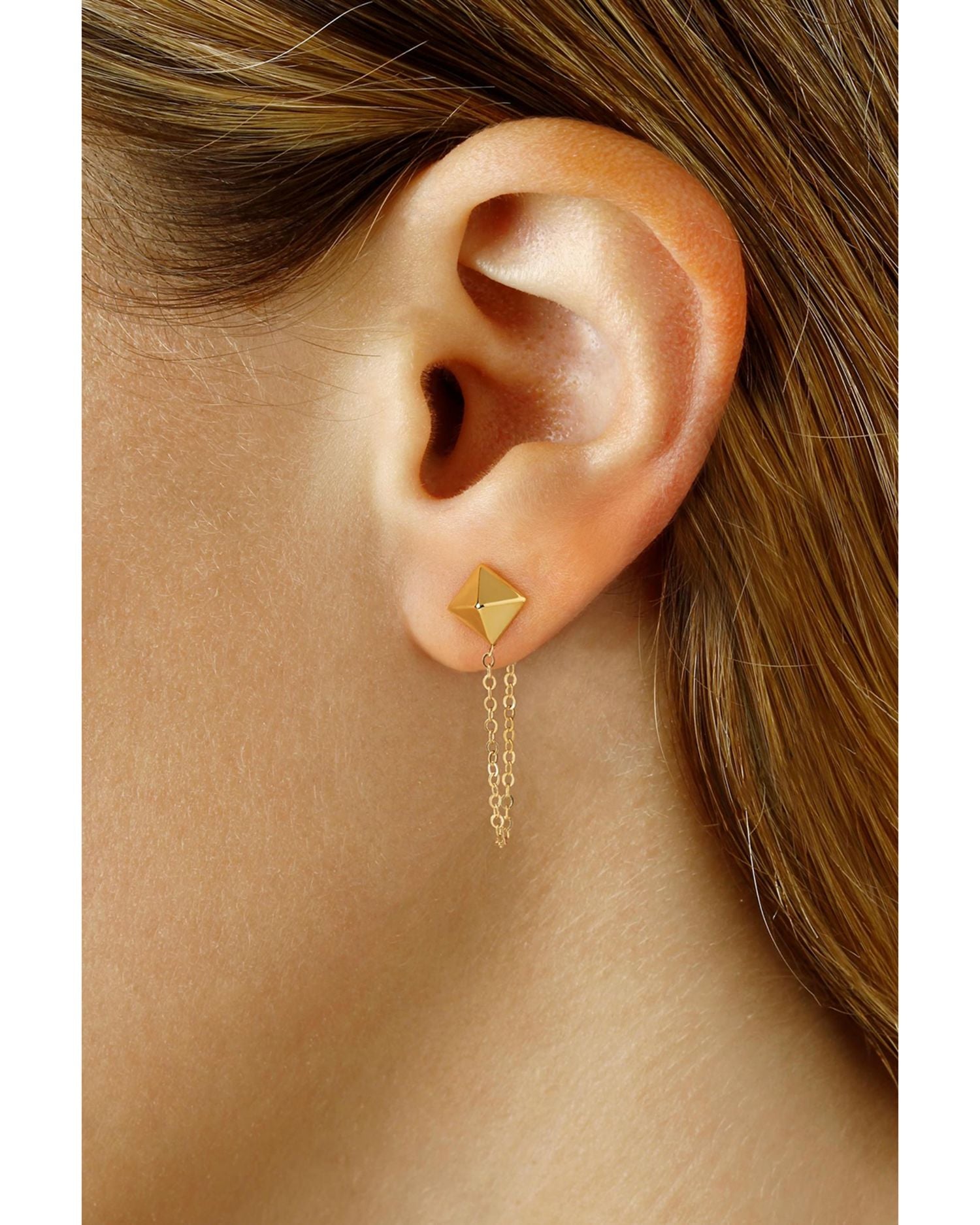 14K Yellow Gold Pyramid Stud Draped Chain Earrings - Exclusive