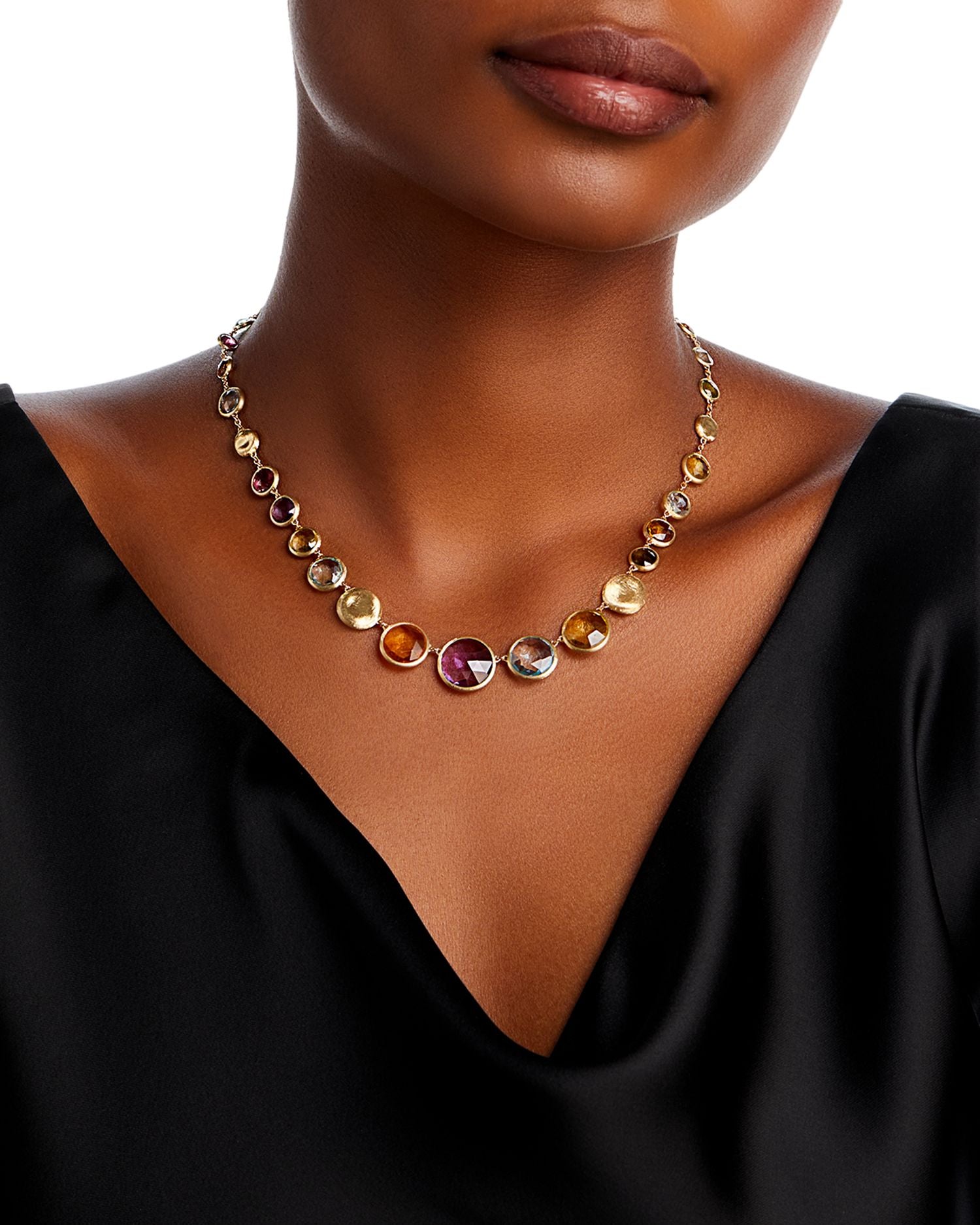 18K Gold Jaipur Color Mixed Gemstone Graduated Collar Necklace, 17'