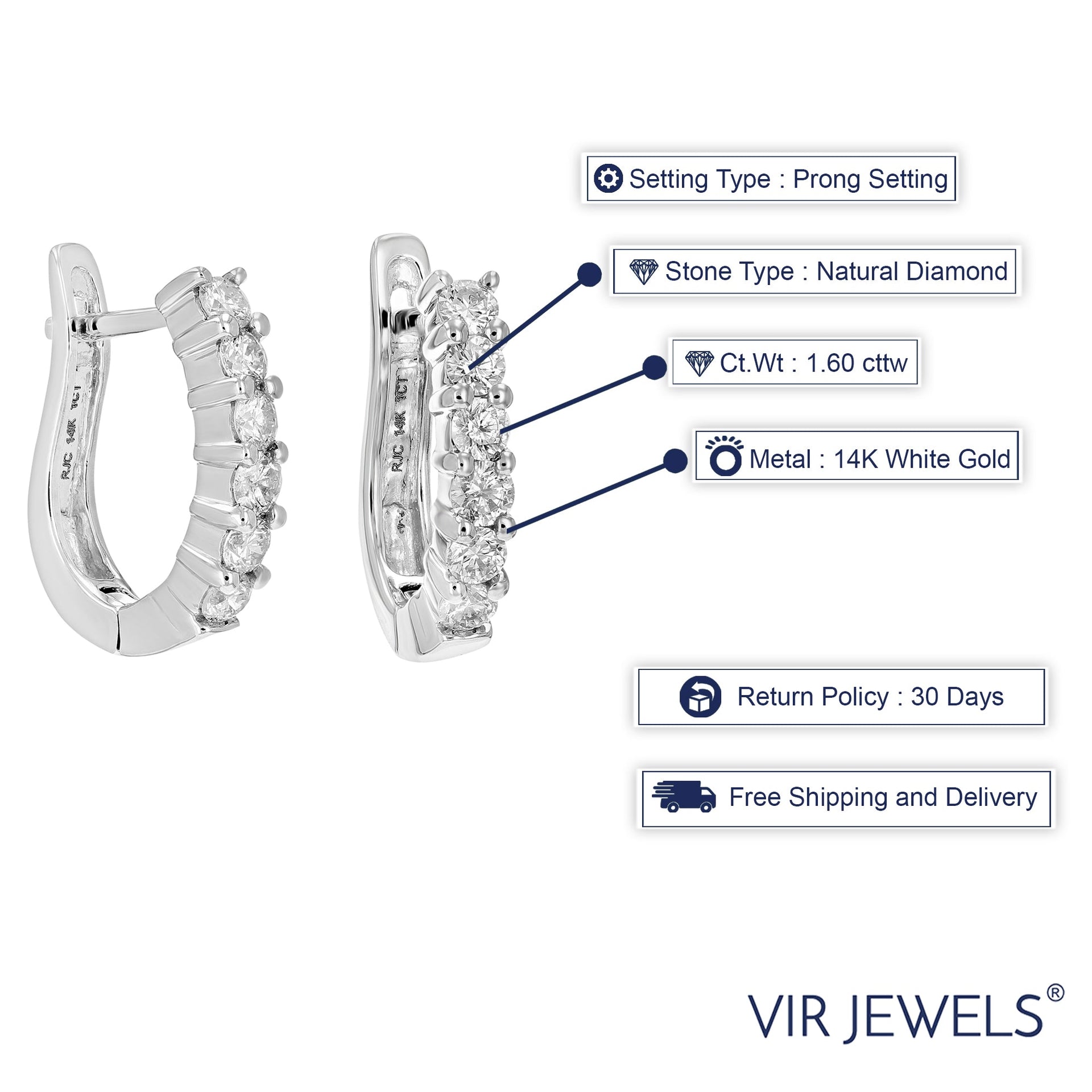 1.60 cttw Diamond Hoop Earrings 14K White Gold