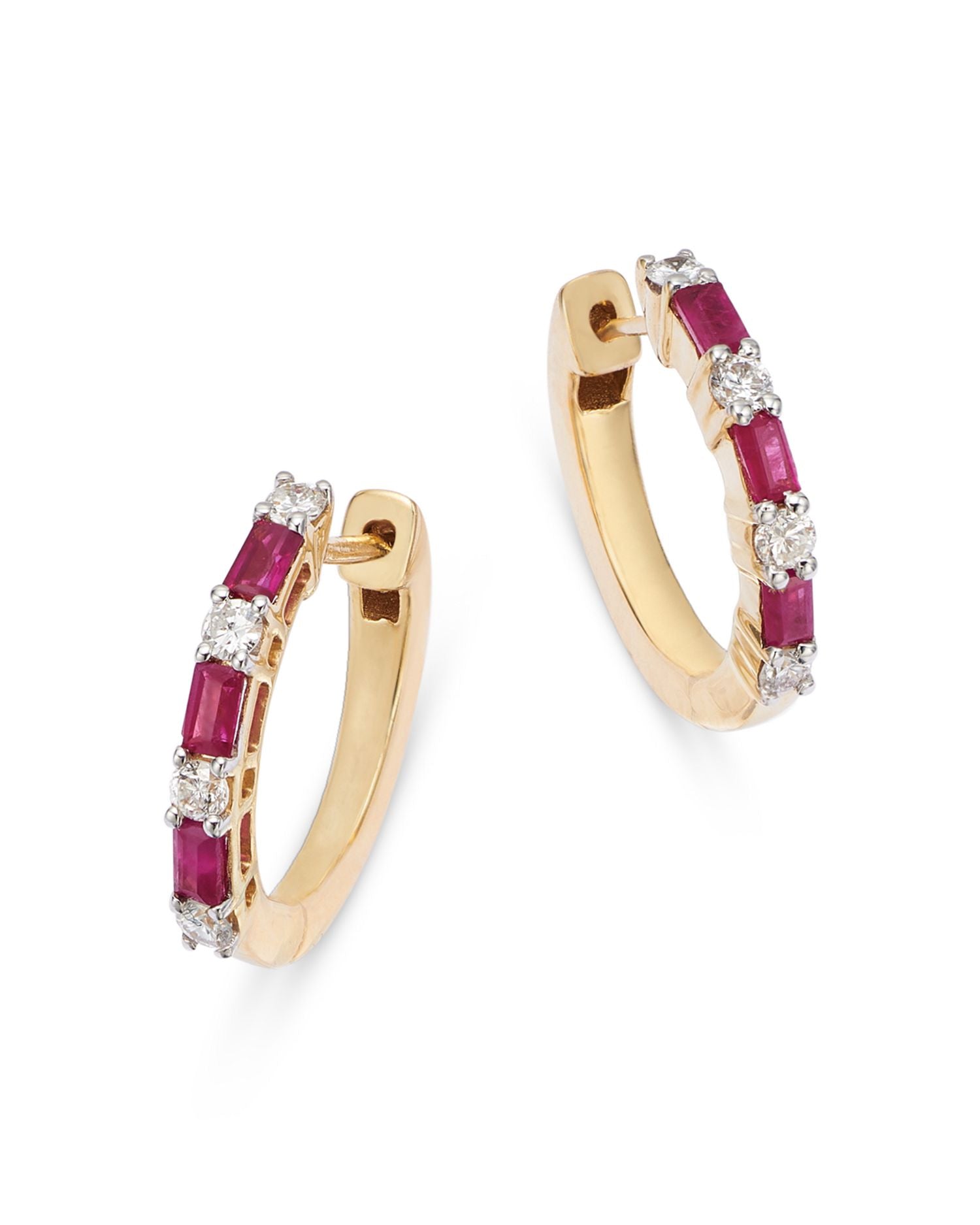 Ruby & Diamond Huggie Hoop Earrings in 14K Yellow Gold - Exclusive