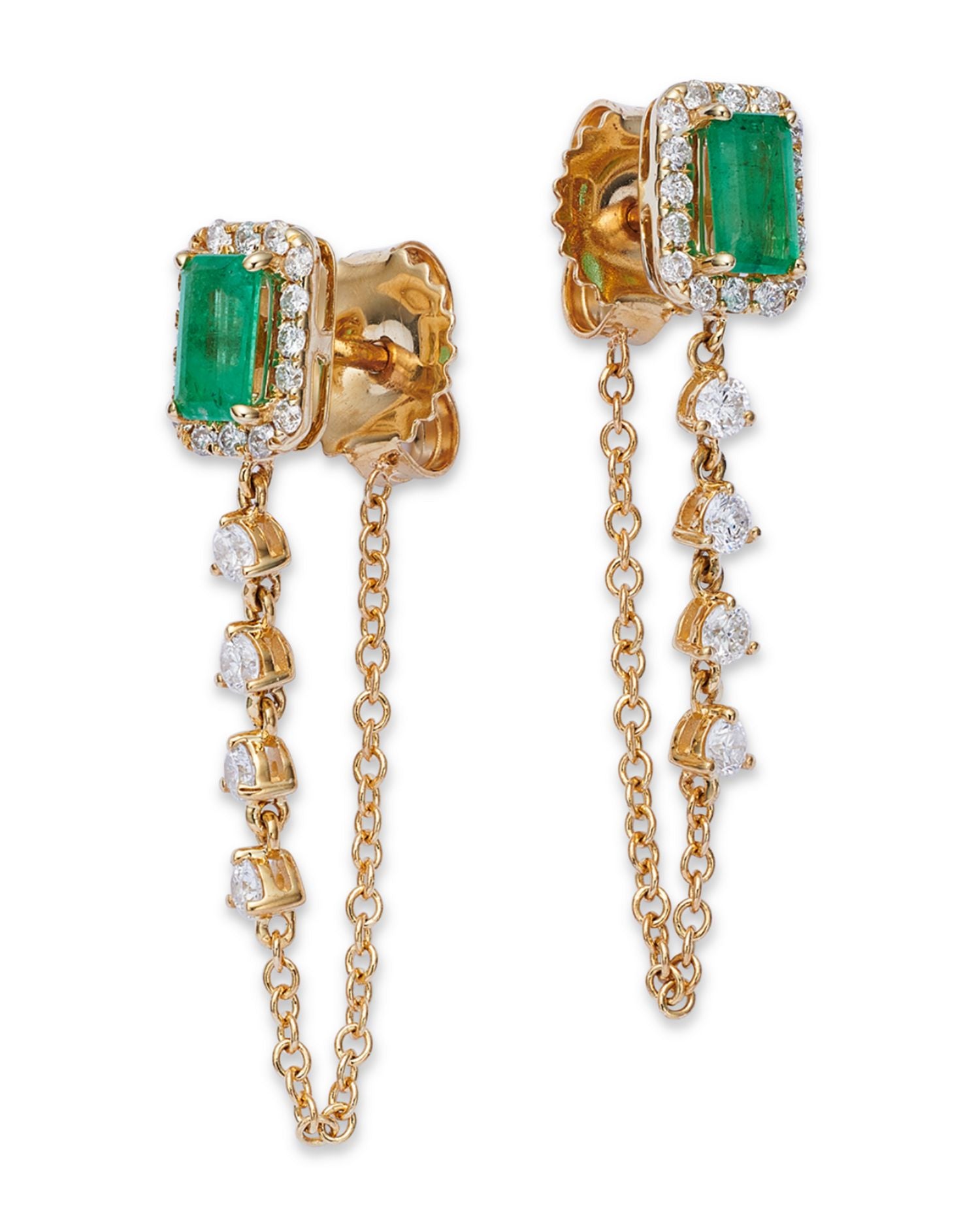 Emerald & Diamond Halo Chain Drop Earrings in 14K Yellow Gold - Exclusive