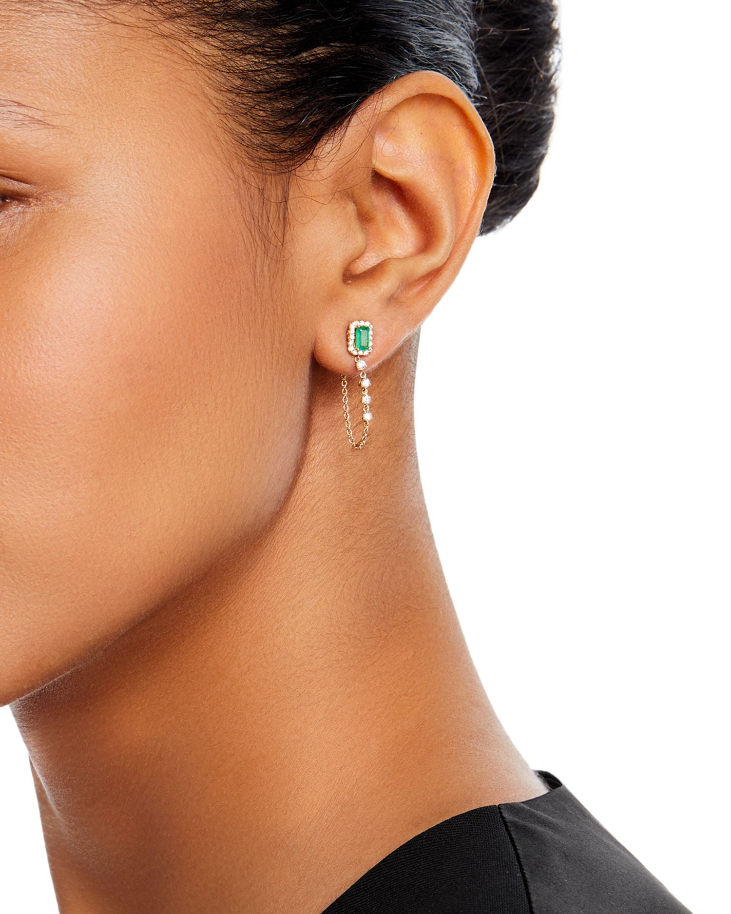 Emerald & Diamond Halo Chain Drop Earrings in 14K Yellow Gold - Exclusive